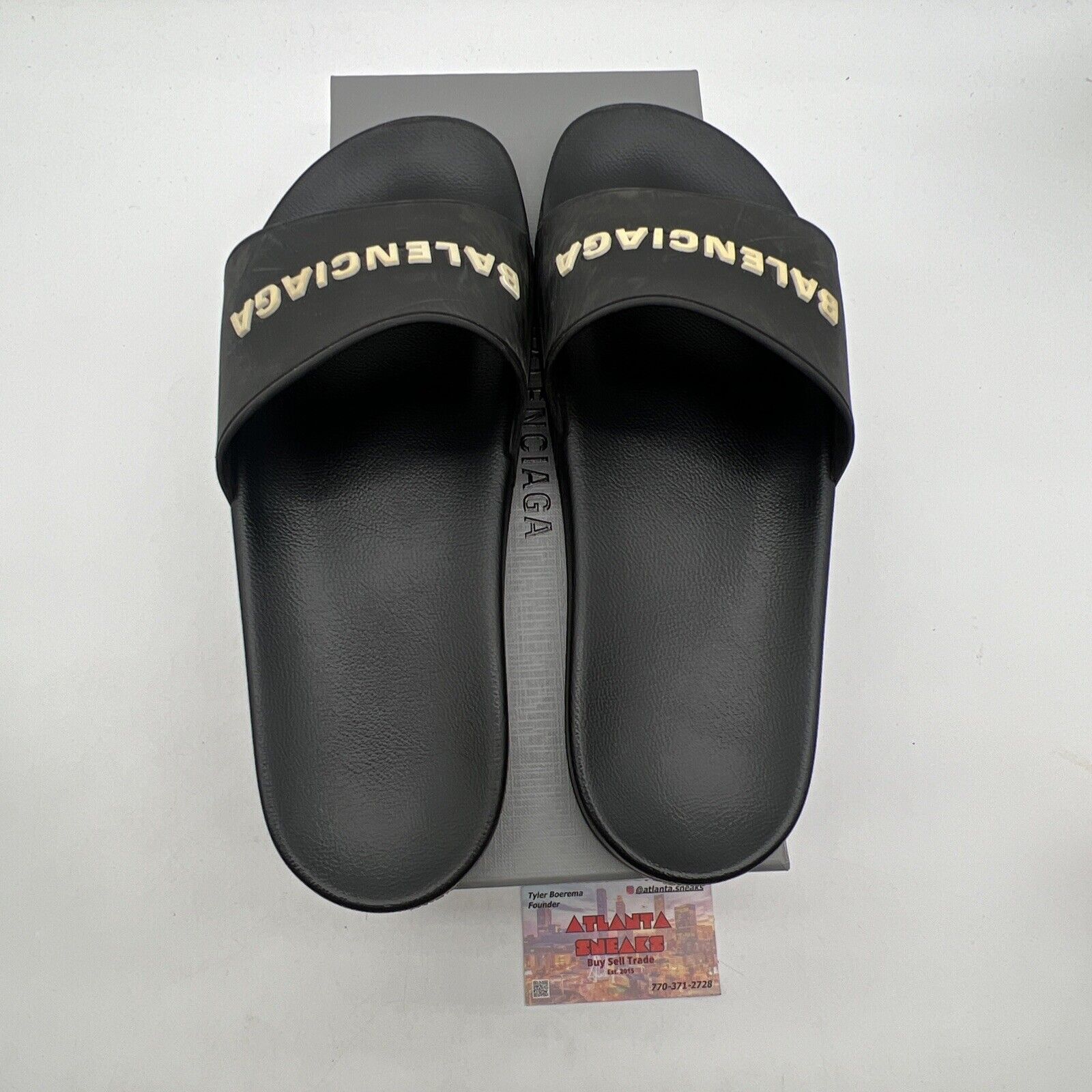 Size 11 - Balenciaga Men’s Black Spell Out Logo Pool Slides Comfort Sandal