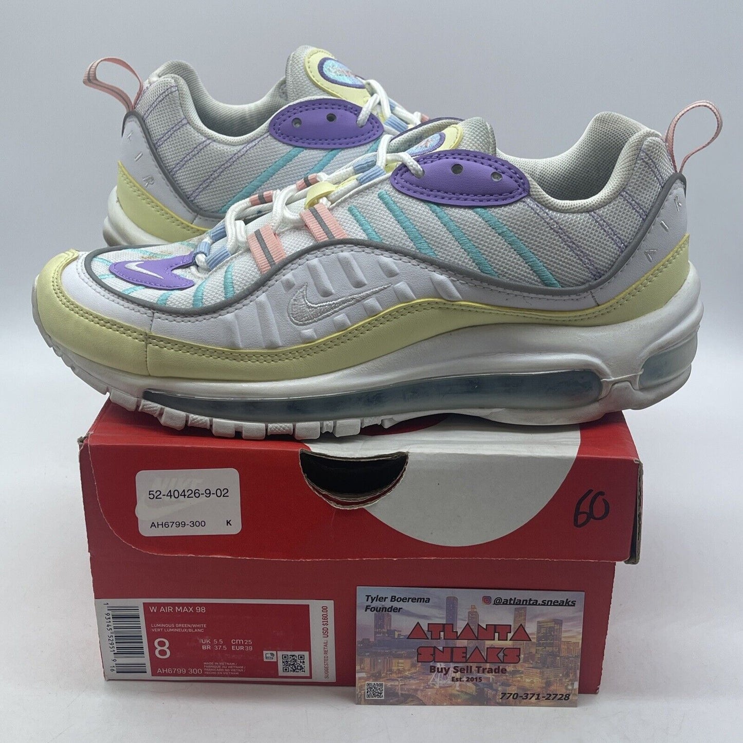 Size 8W - Nike Air Max 98 Easter Pastel White Blue Yellow Grey (AH6799-300)