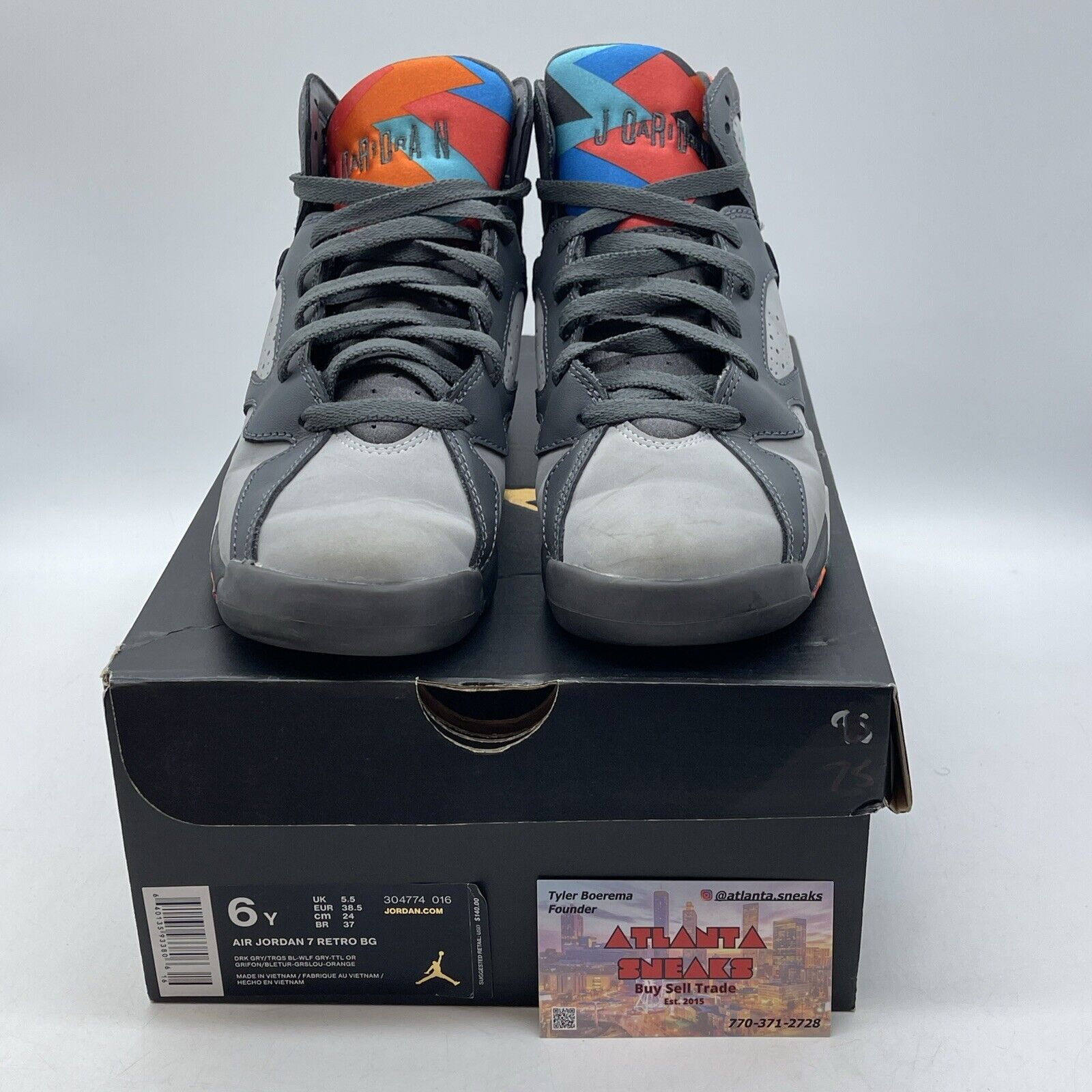 Size 6Y - Jordan 7 Retro High Barcelona Days Grey Blue Orange Suede (304774-016)