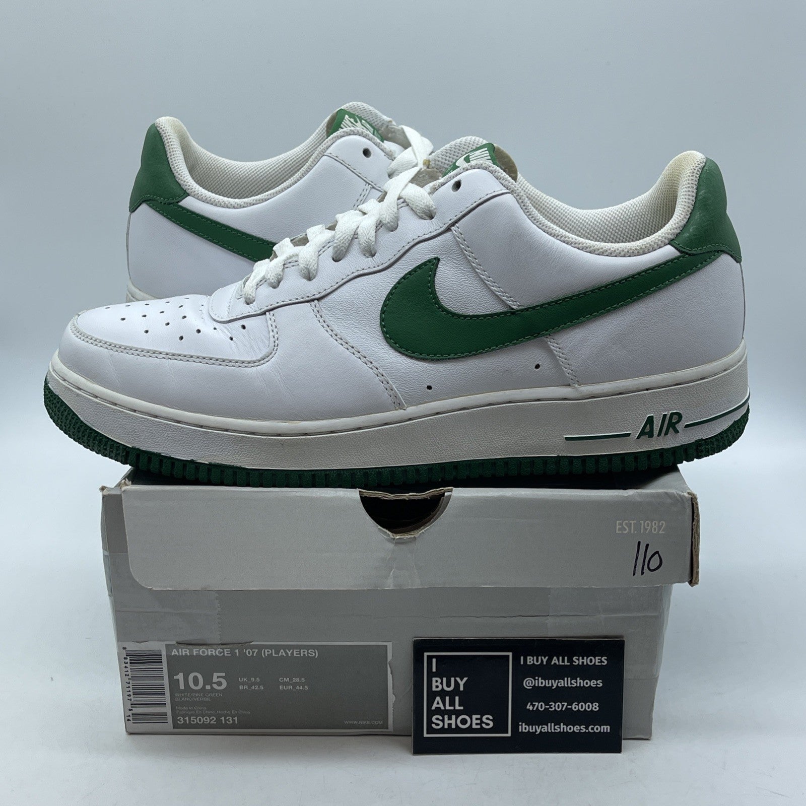 Size 10.5 - Nike Air Force 1'07 Players Green White Leather (315092-131)