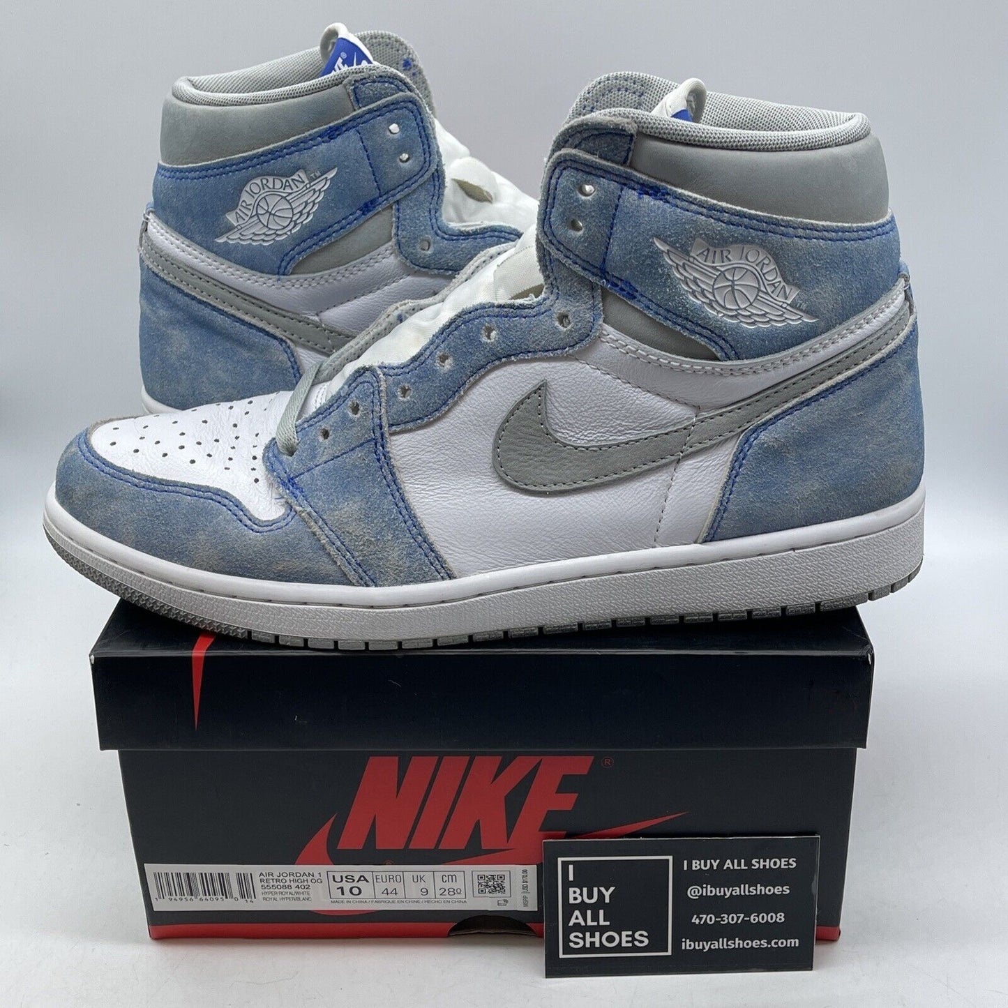 Size 10 - Jordan 1 Retro OG High Hyper Royal Blue Grey Suede Leather (555088-402