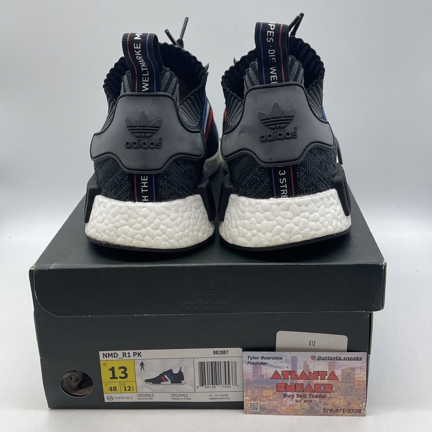 Size 13 - adidas NMD_R1 Primeknit Tri Color Black Blue Suede Leather (BB2887)