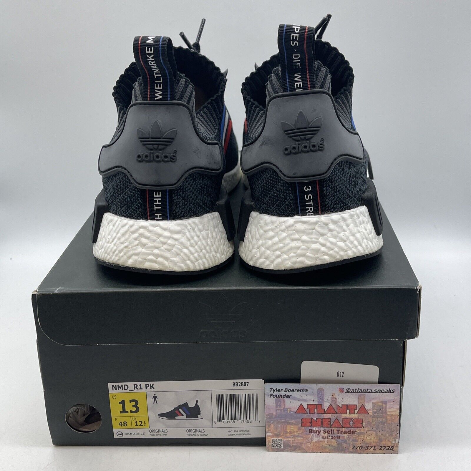 Size 13 - adidas NMD_R1 Primeknit Tri Color Black Blue Suede Leather (BB2887)