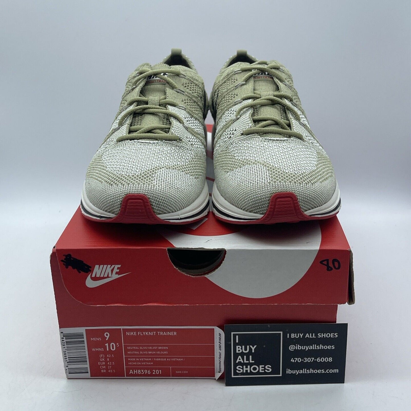 Size 9 - Nike Flyknit Trainer Neutral Olive Black White Suede (AH8396-201)