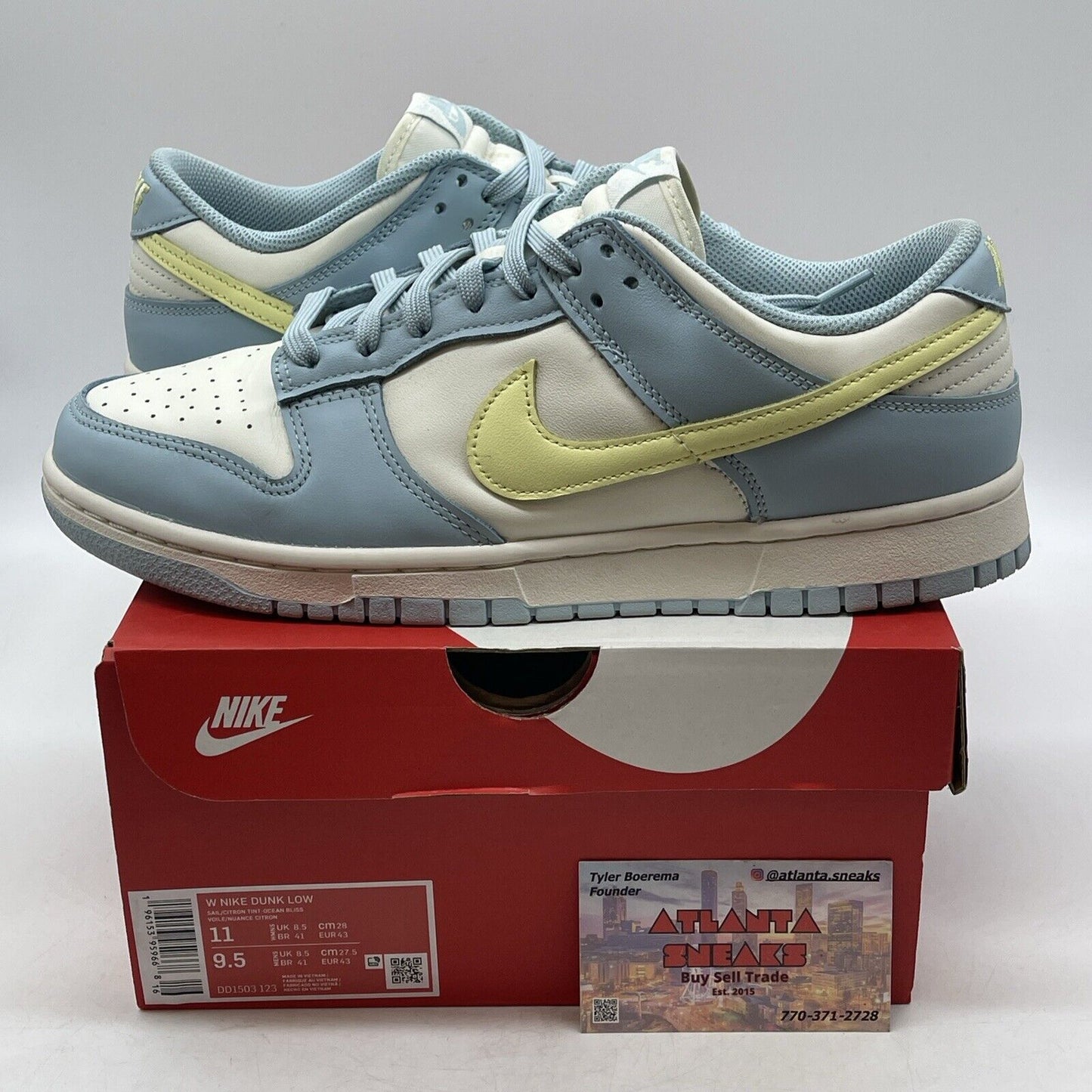 Size 11W - Nike Dunk Low Ocean Bliss White Blue Yellow Leather (DD1503-123)