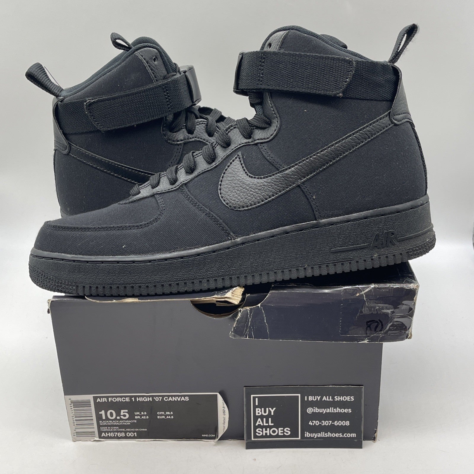 Size 10.5 - Nike Air Force 1 High Black Canvas (AH6768-001)