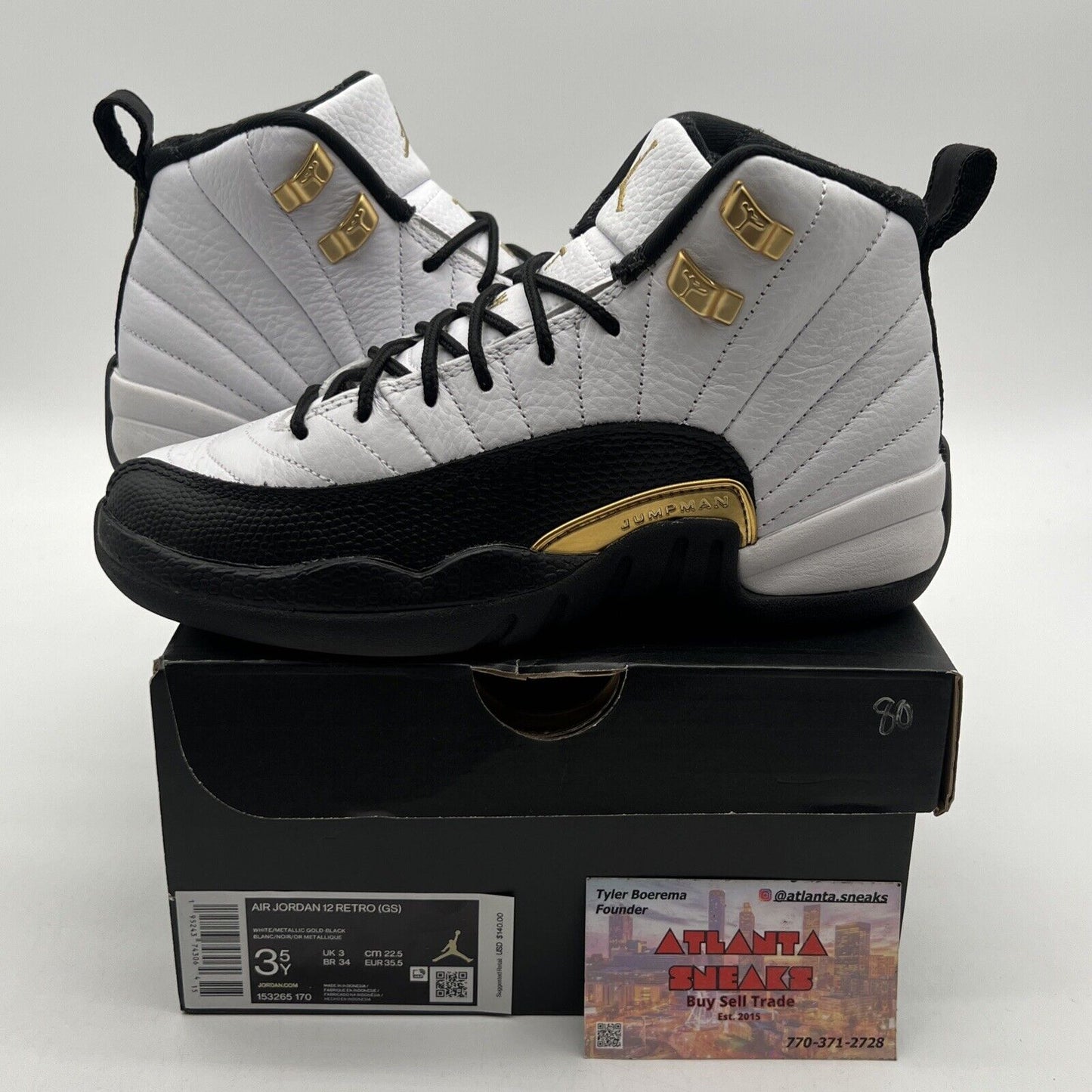 Size 3.5Y - Jordan 12 Royalty Black White Gold Leather (153265-170)