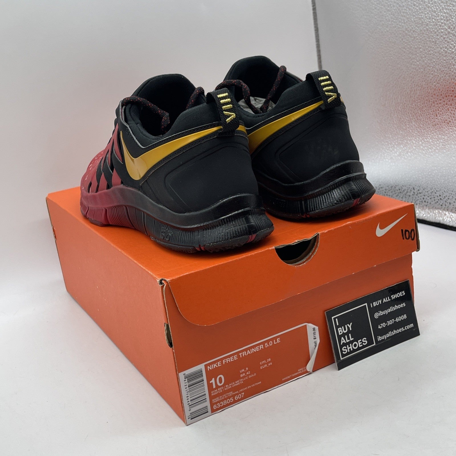 Size 10 - Nike Free Trainer 5.0 Team Jones Black Red Gold Suede (633805-607)