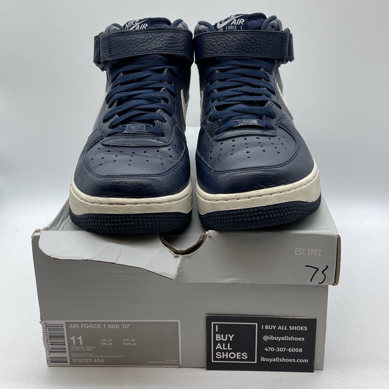Size 11 - Nike Air Force 1 Mid Obsidian White Blue Leather (315123-404)