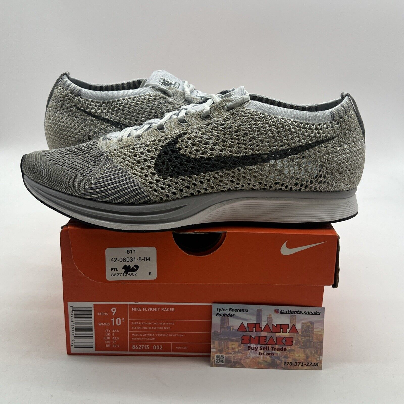 Size 9 - Nike Flyknit Racer Pure Platinum (862713-002)