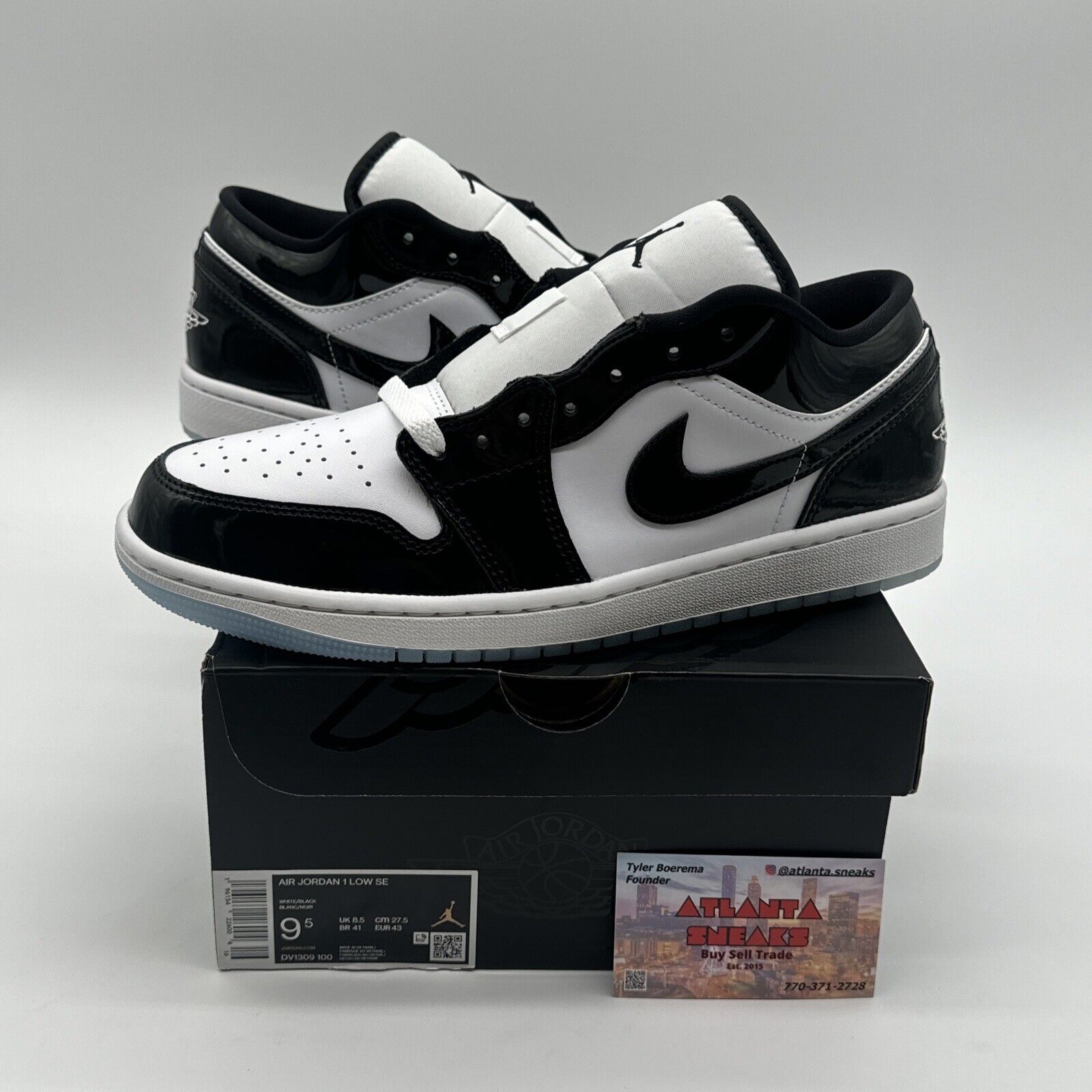 Size 9.5 - Jordan 1 Low SE Concord Black White Patent Leather Tuxedo Icy Soles
