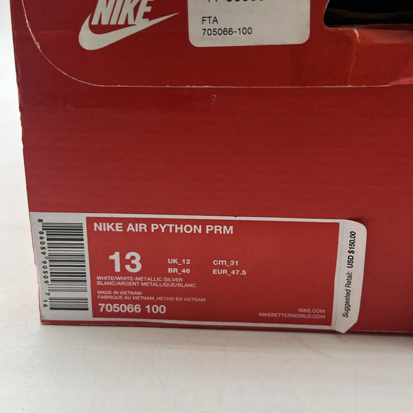 Size 13 - Nike Air Python Premium White Metallic Silver (705066-100)