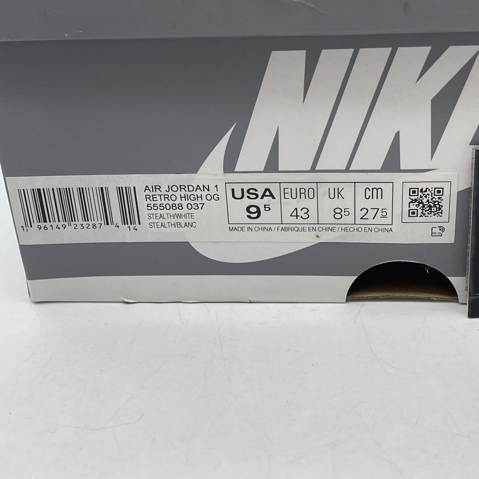 Size 9.5 - Jordan 1 Retro High OG Stealth Grey White Leather (555088-037)