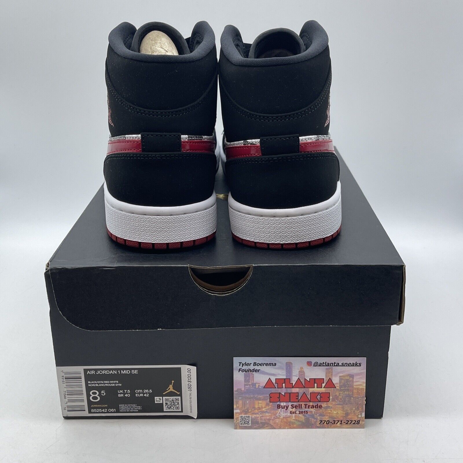 Size 8.5 - Air Jordan 1 SE Mid Newspaper Air Times Black Red Suede (852542-061)