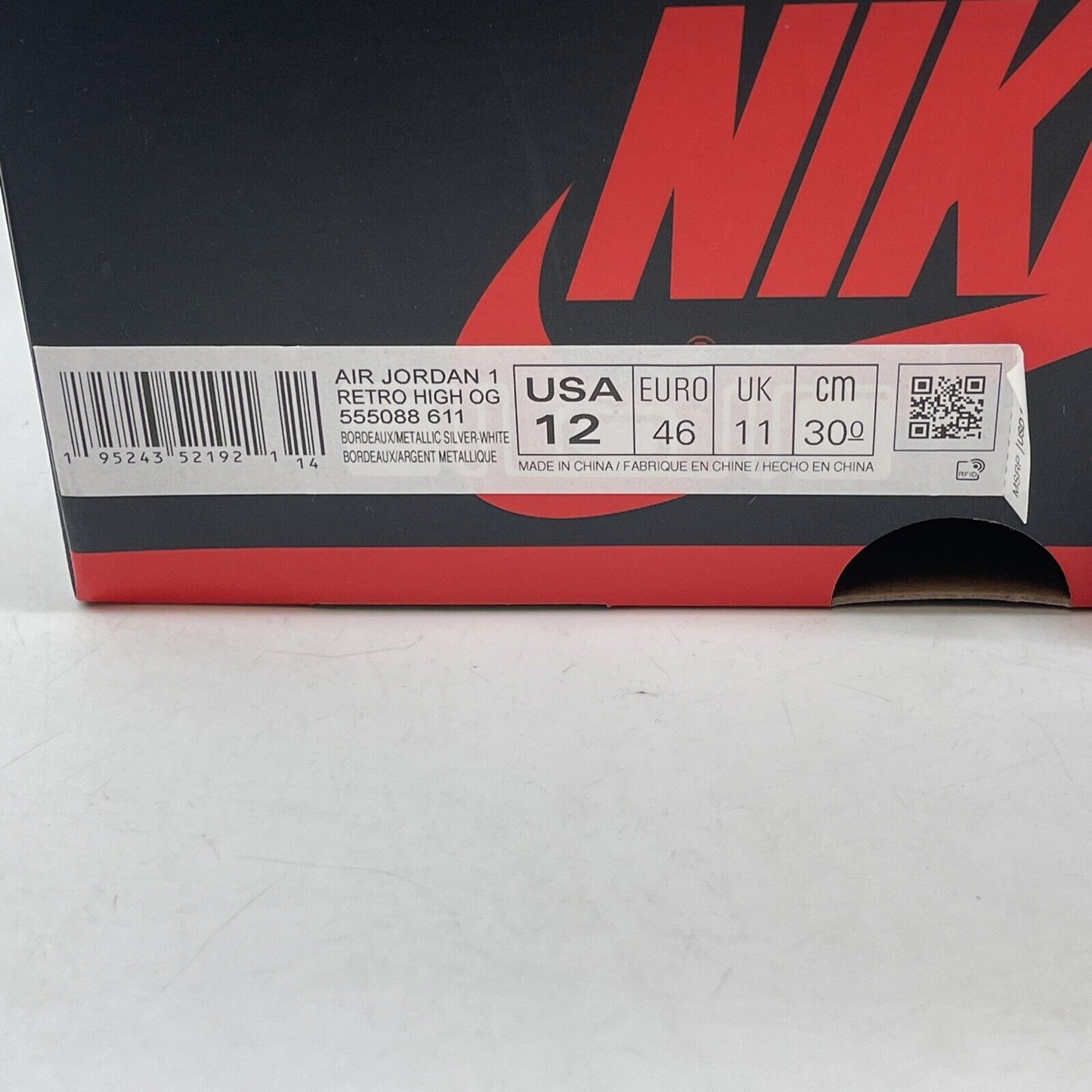Size 12 - Jordan 1 Retro High OG Bordeaux Burgundy White Leather (555088-611)