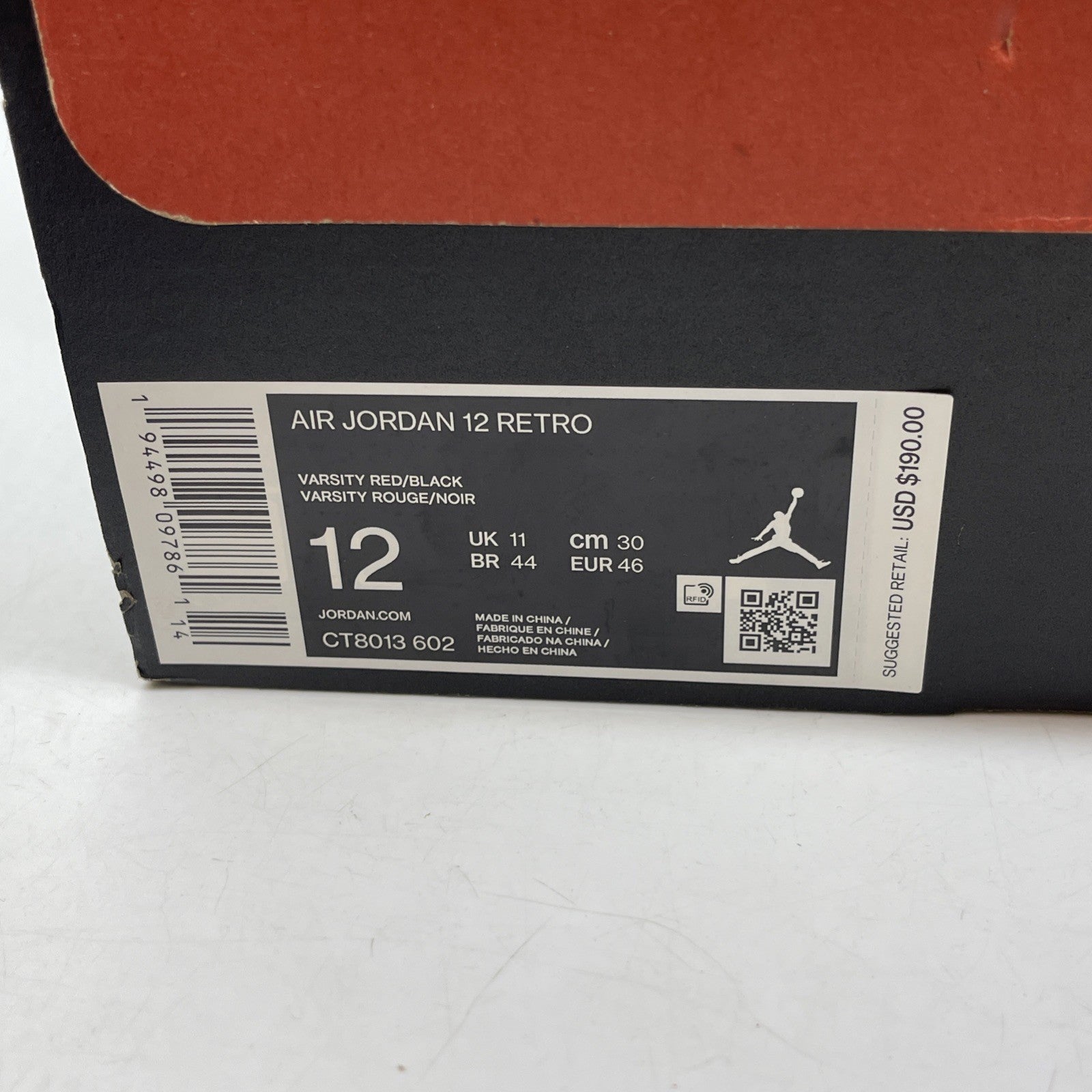 Size 12 - Jordan 12 Retro Reverse Flu Game Red Black Suede Leather (CT8013-602)