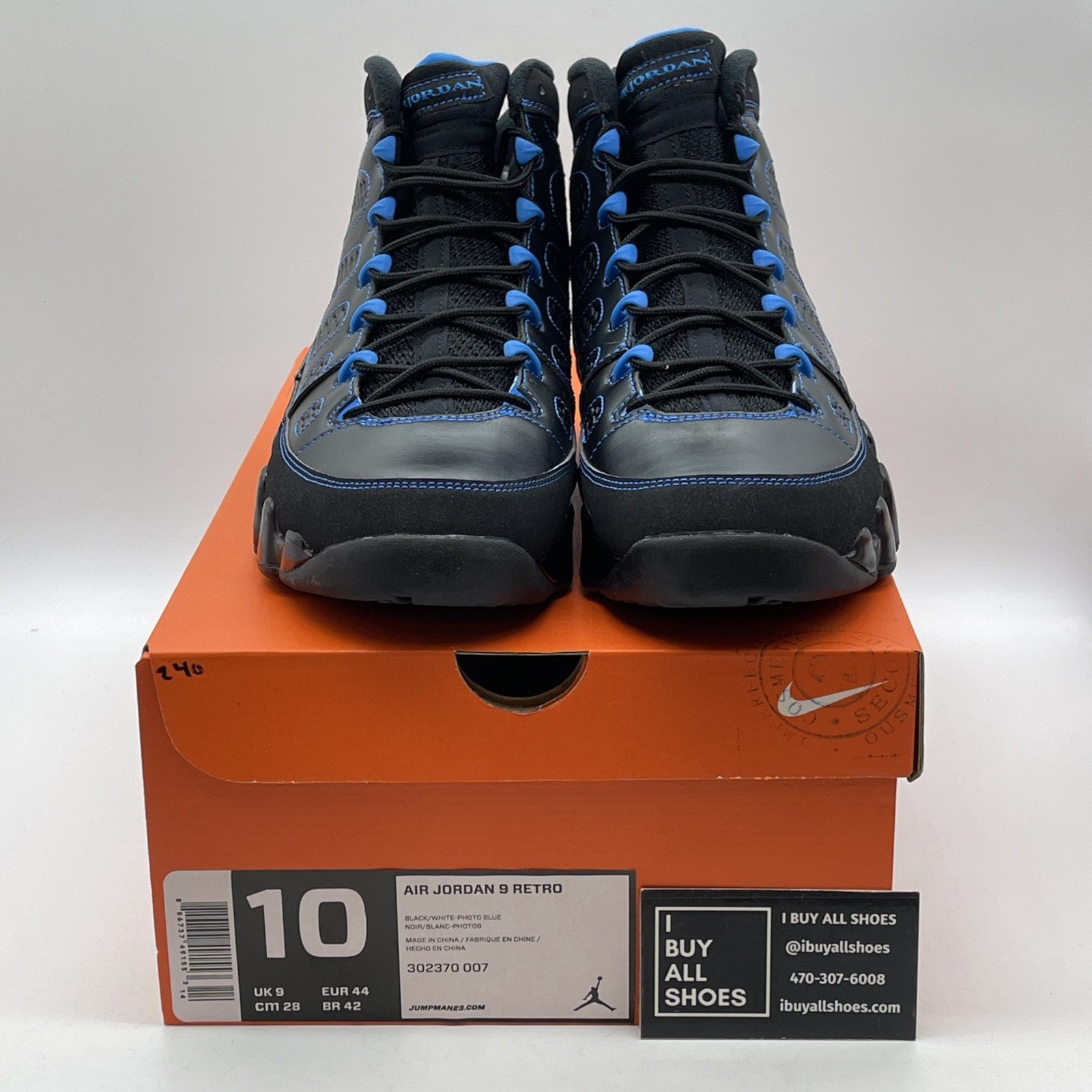 Size 10 - Air Jordan 9 Retro Photo Blue Black Leather (302370-007)