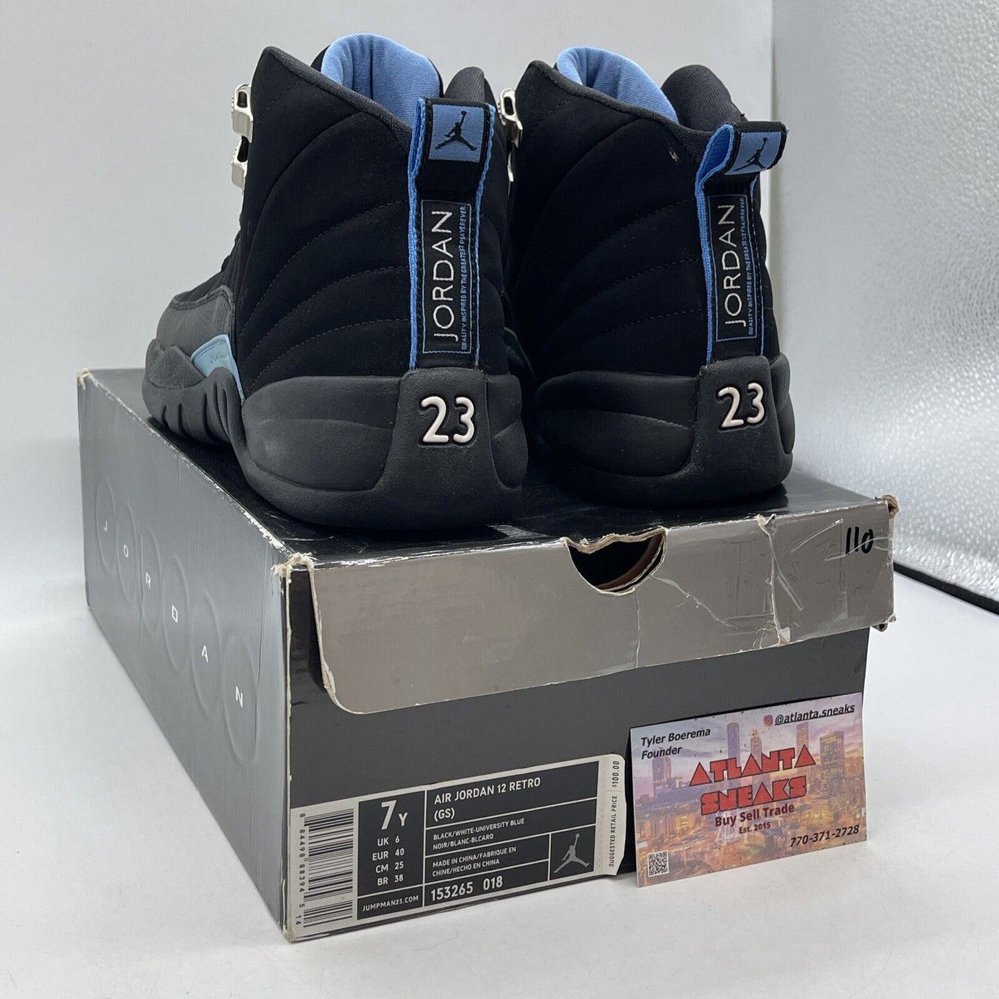 Size 7Y - Nike Air Jordan 12 Retro Nubuck Black Blue Suede Leather (153265-018)