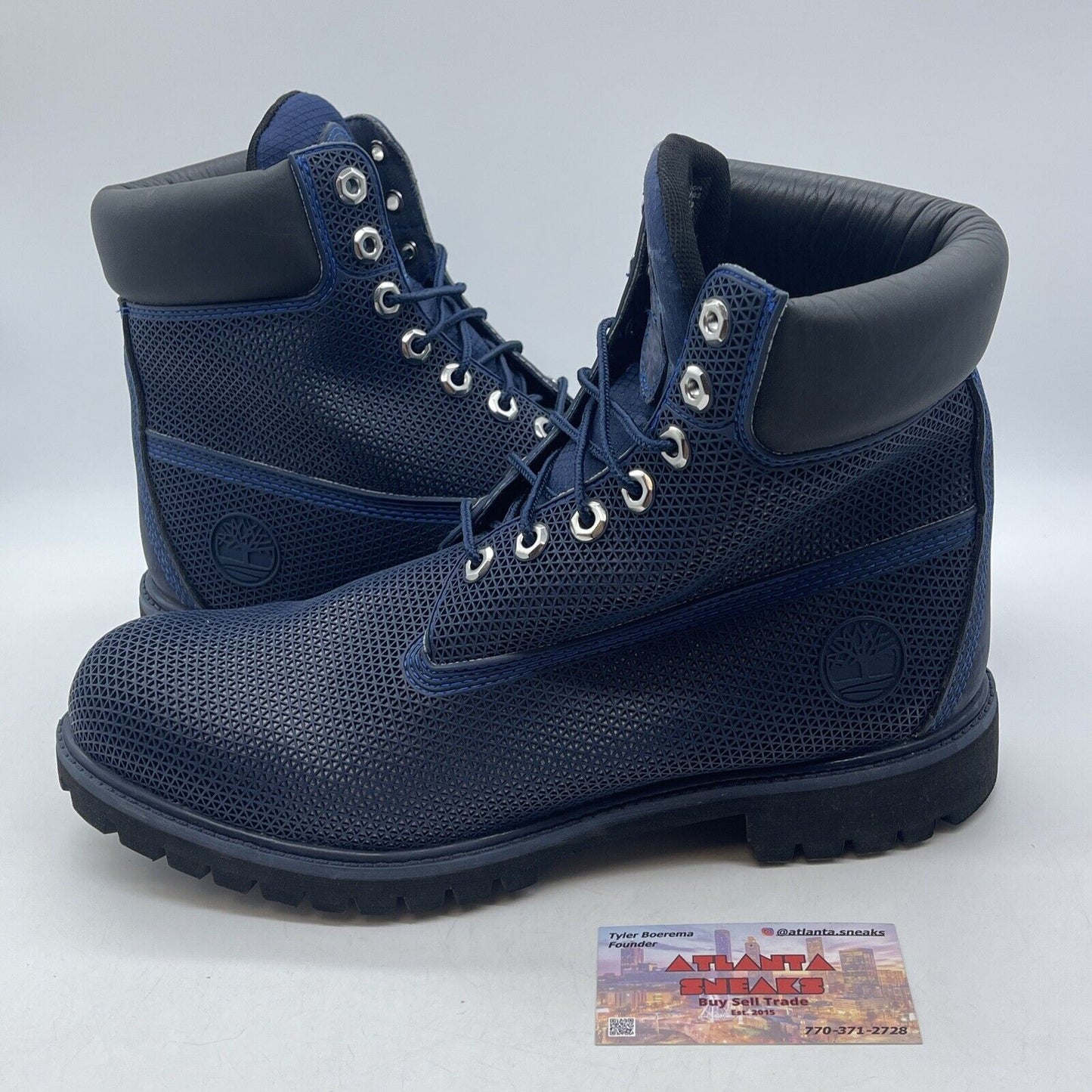 Size 10.5 - Timberland Fabric Mesh Navy Blue Lace Up High Top Boots Leather Blue