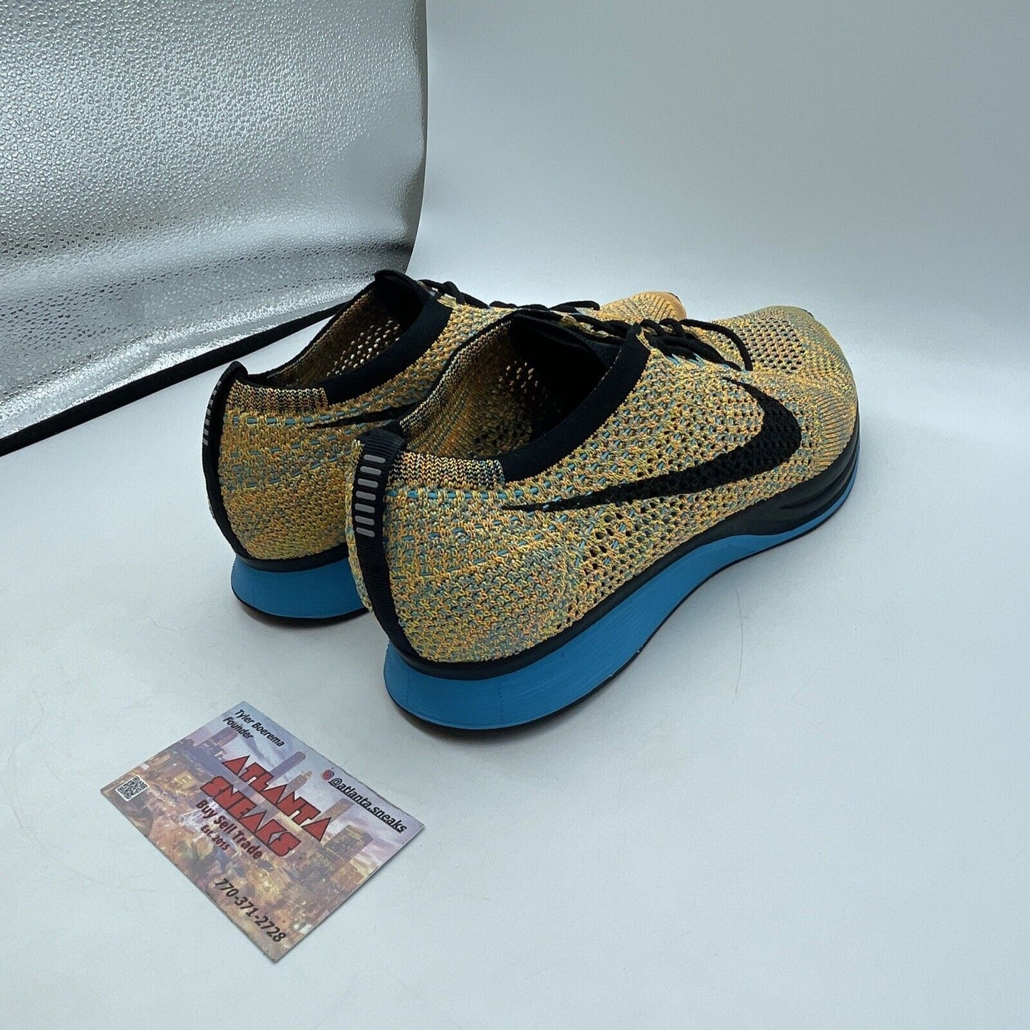 Size 11 - Nike Flyknit Racer Sherbet Yellow Blue Black (526628-800)