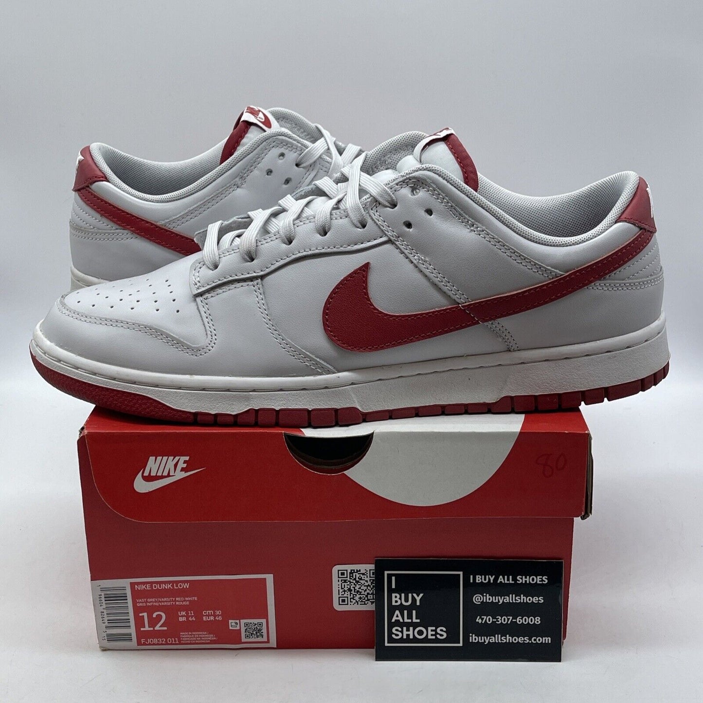 Size 12 - Dunk Low Vast Grey Varsity Red White Leather (FJ0832-011)