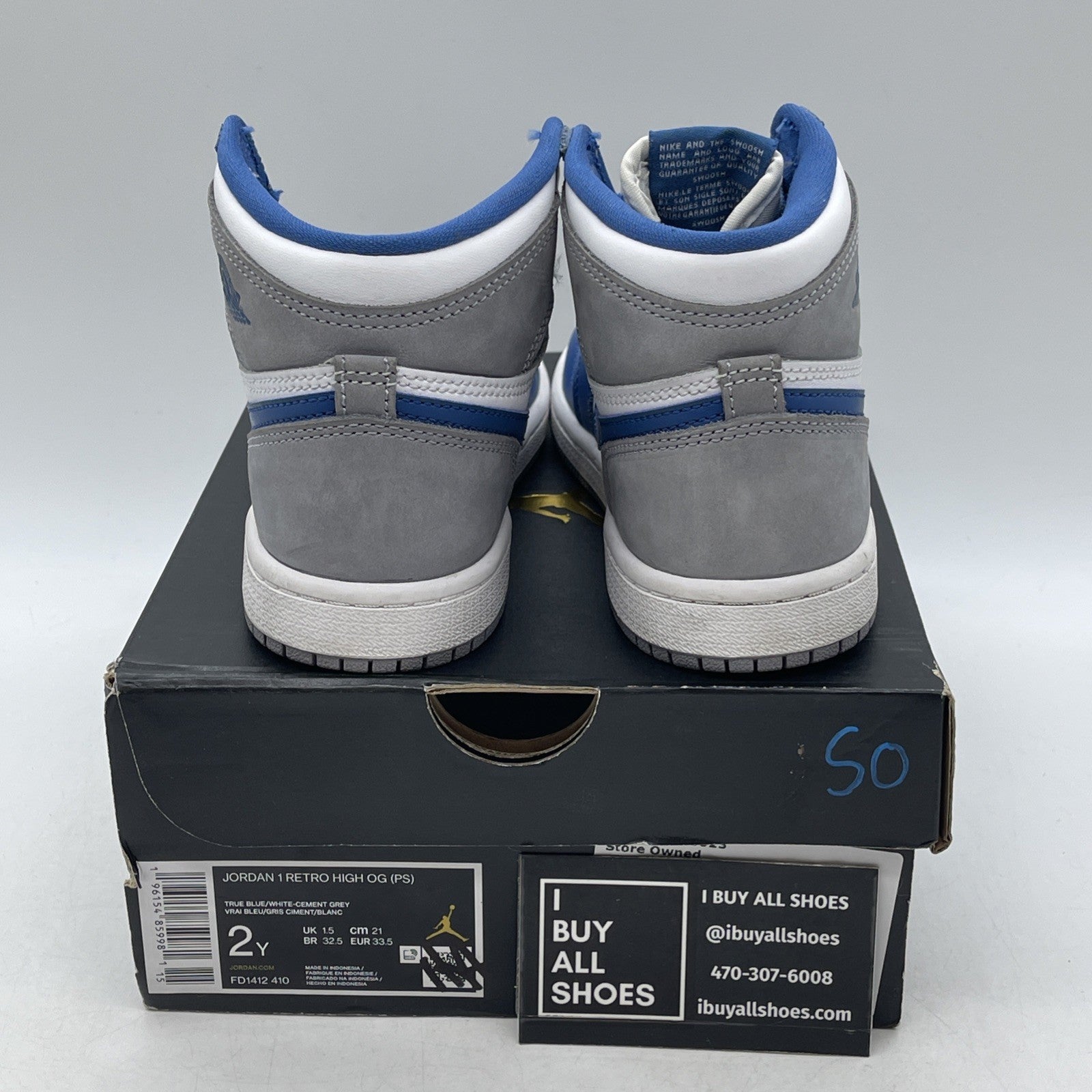 Size 2Y - Air Jordan 1 Retro OG High True Blue (FD1412-410)