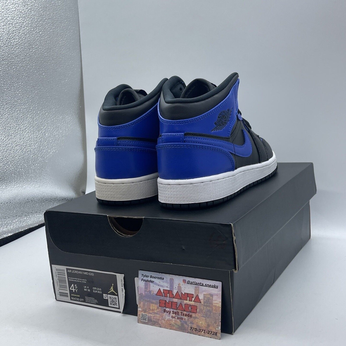 Size 4.5Y  (GS) - Jordan 1 Mid Hyper Royal Blue Black White Leather (554725-077)