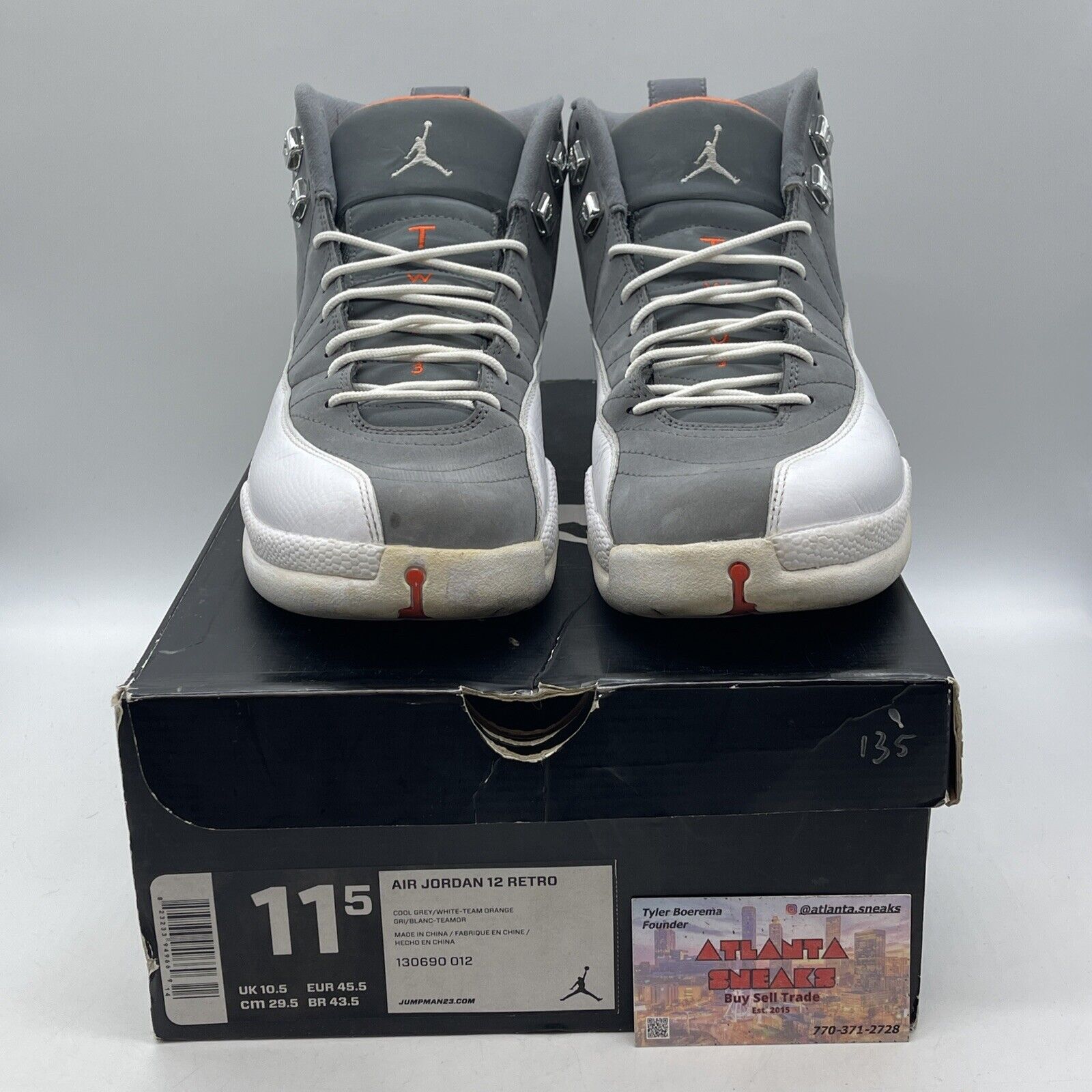 Size 11.5 - Air Jordan 12 Cool Grey Suede White Orange Leather (130690-012)