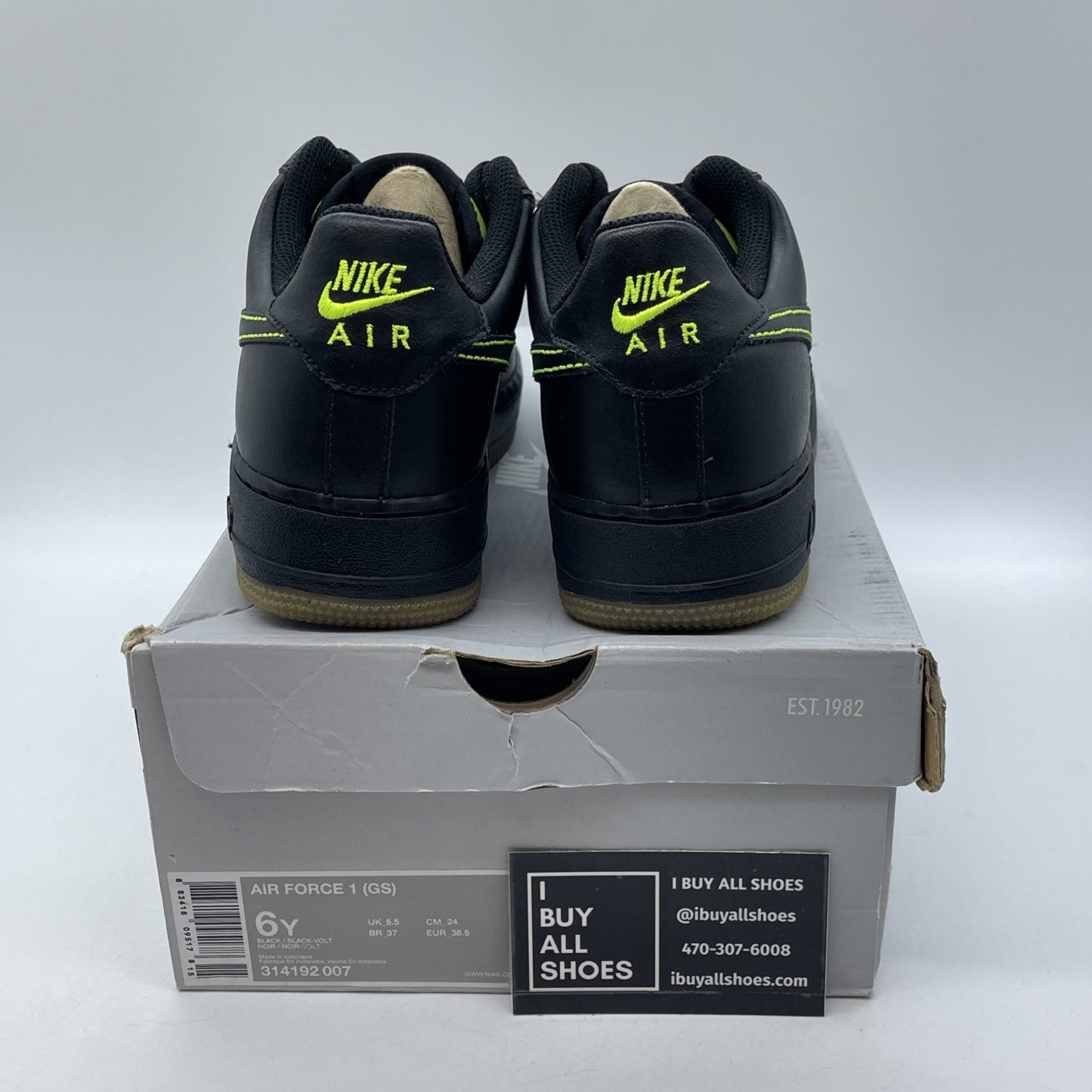 Size 6Y - Nike Air Force 1 Black Volt GS Kids Sneakers Neon Green (314192-007)