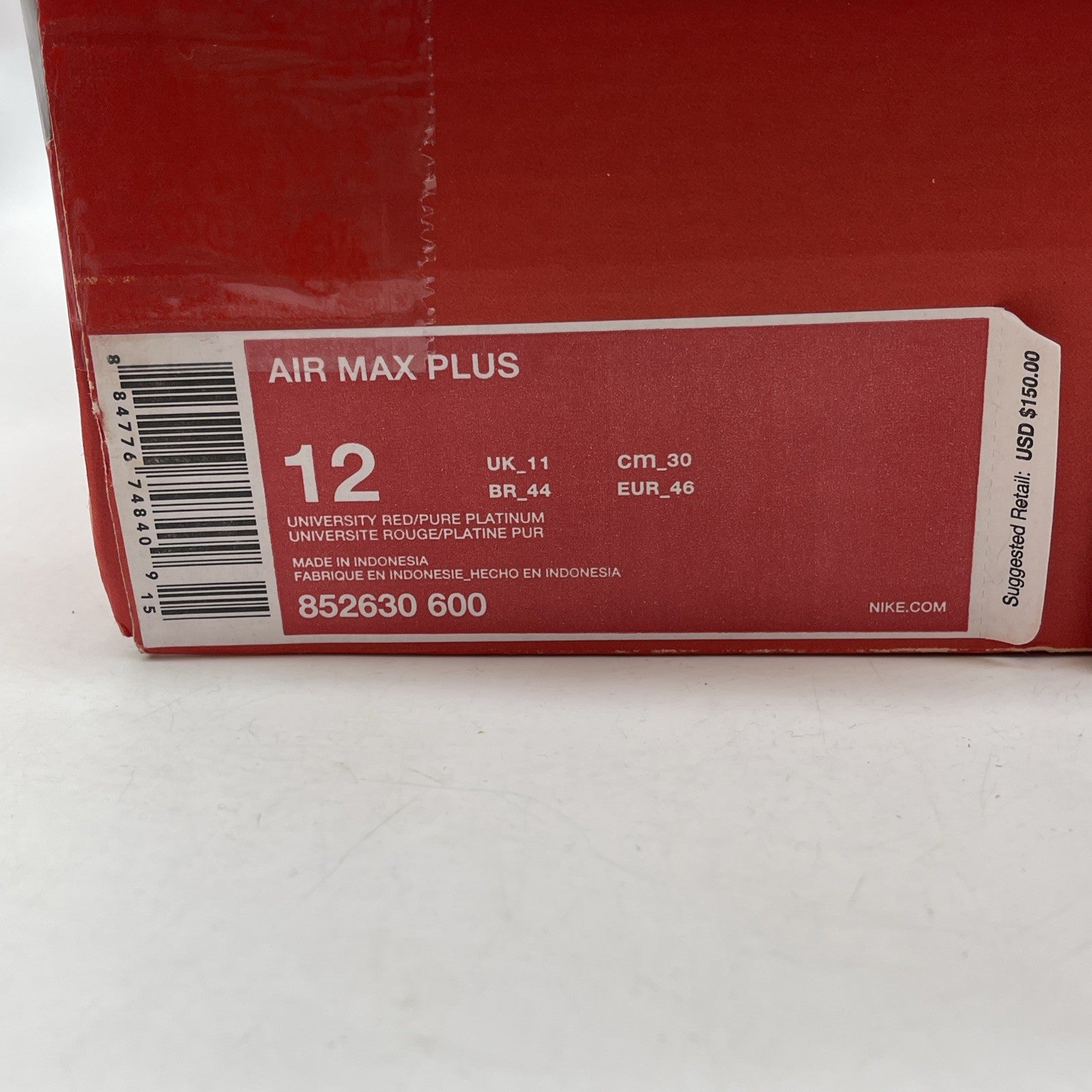 Size 12 - Nike Air Max Plus Red Pure Platinum Grey Suede Leather (852630-600)