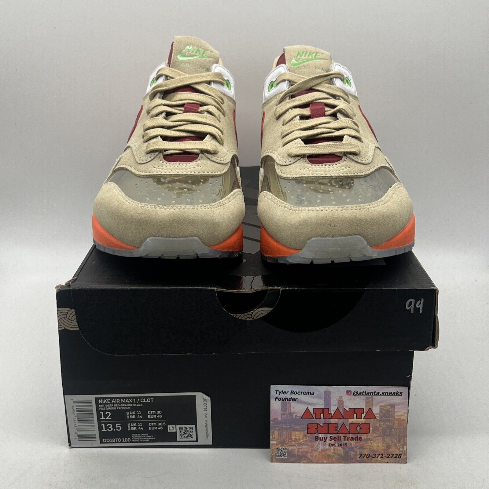 Size 12 - Nike CLOT x Air Max 1 2021 Kiss of Death Orange Red Suede (DD1870-100)