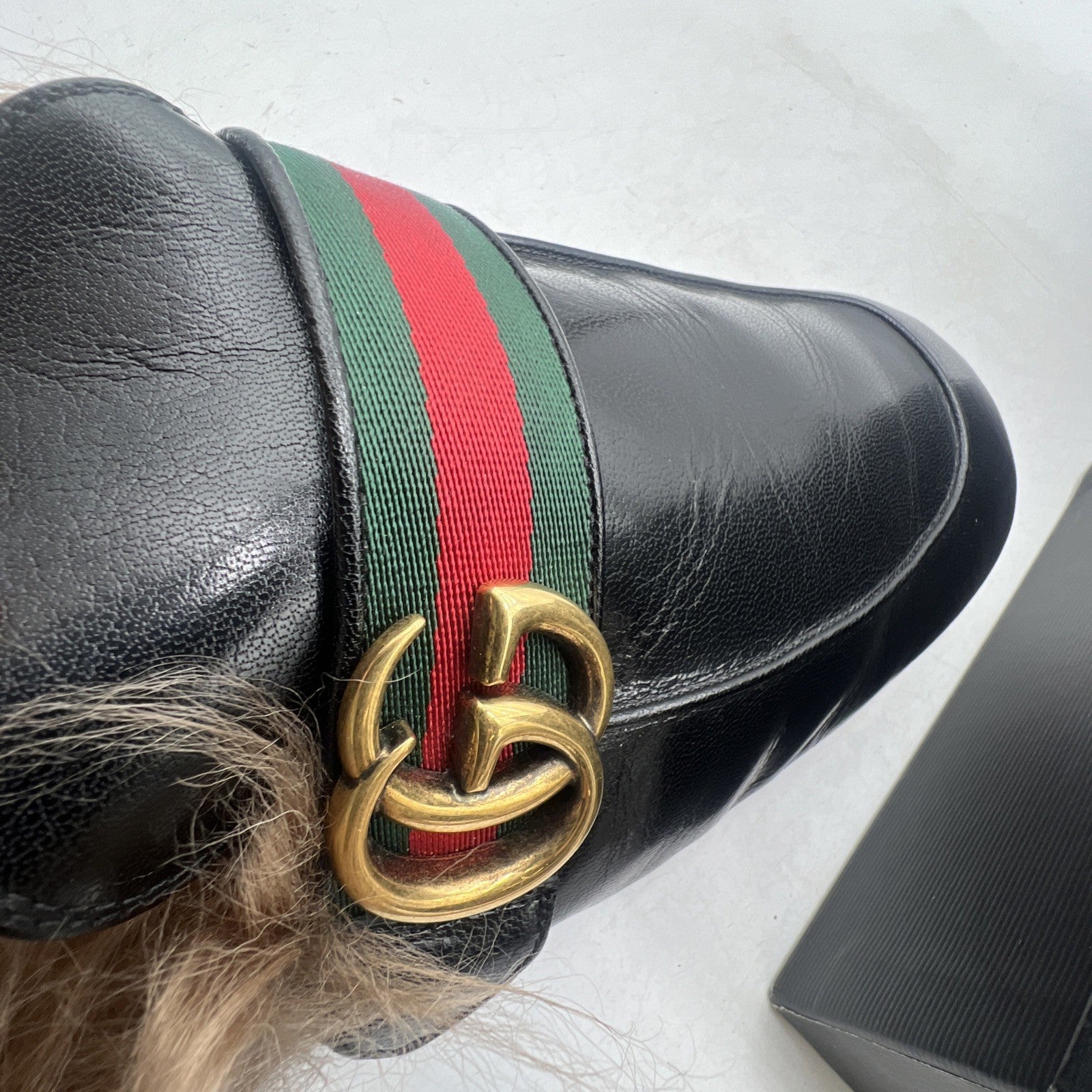 Size 10.5G - GUCCI Donnie Double GG Web Mule Flat Black Leather