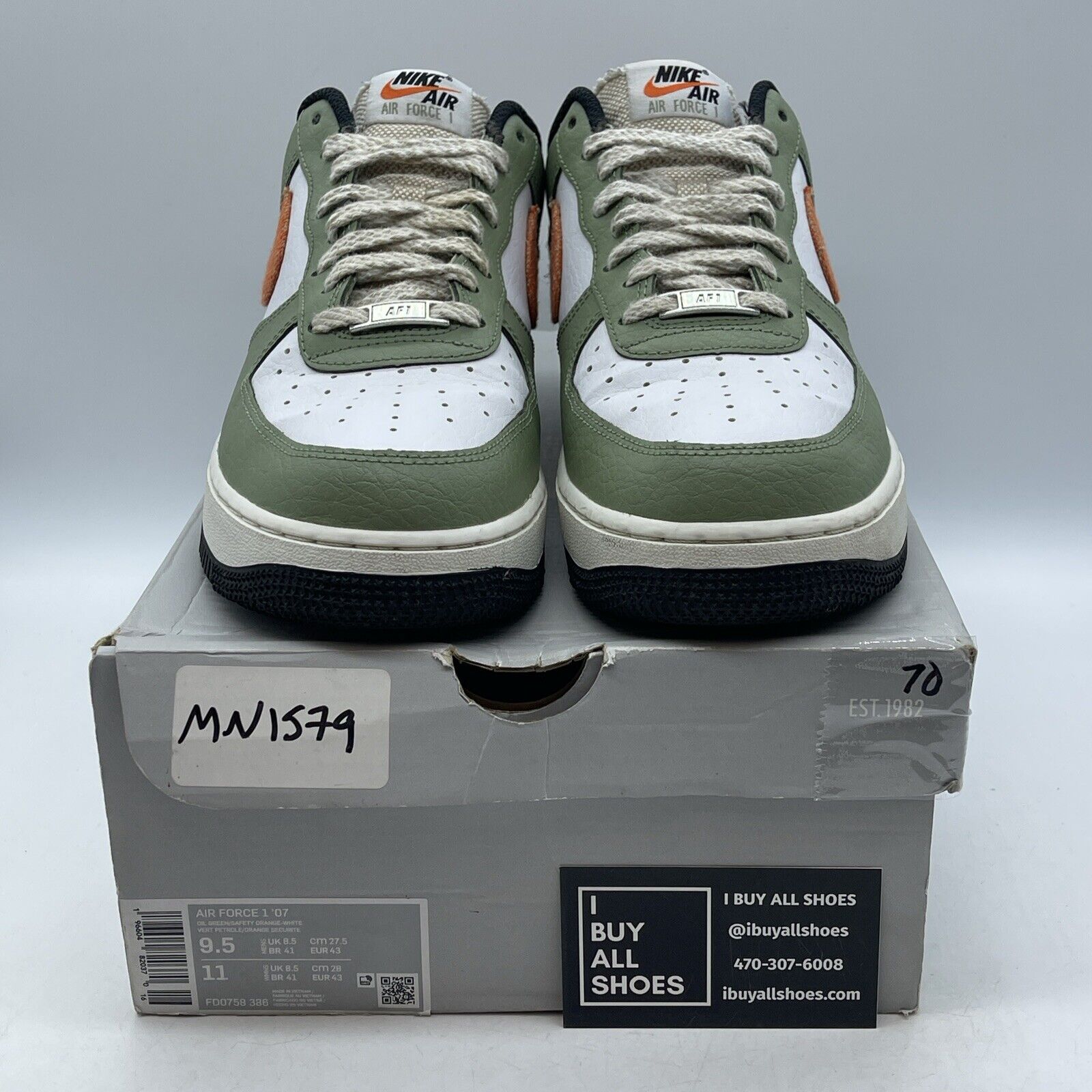 Size 9.5 - Nike Air Force 1 '07 Oil Green Orange Suede Leather (FD0758-386)