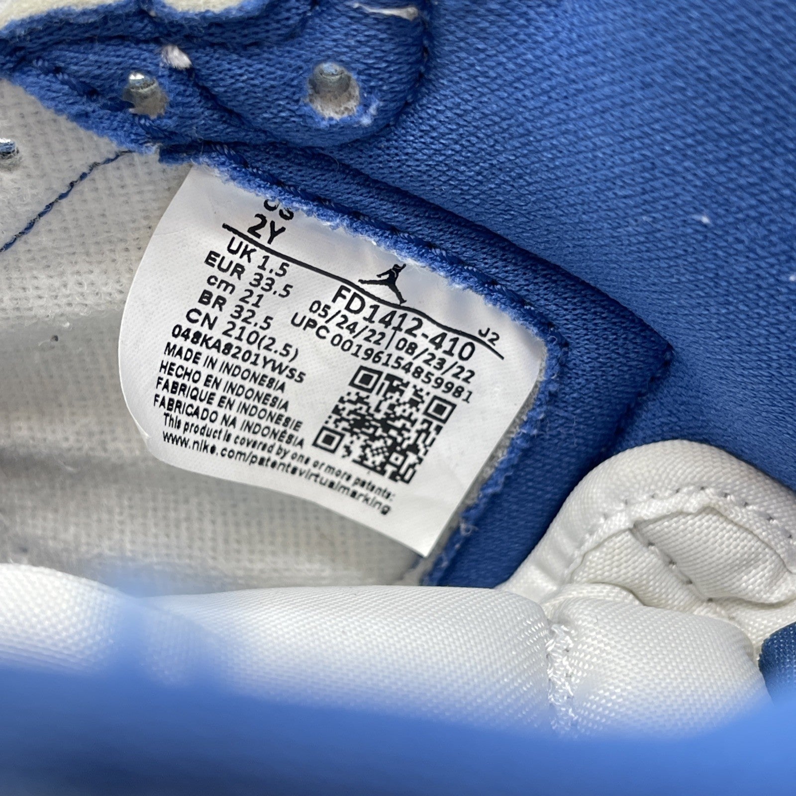 Size 2Y - Air Jordan 1 Retro OG High True Blue (FD1412-410)
