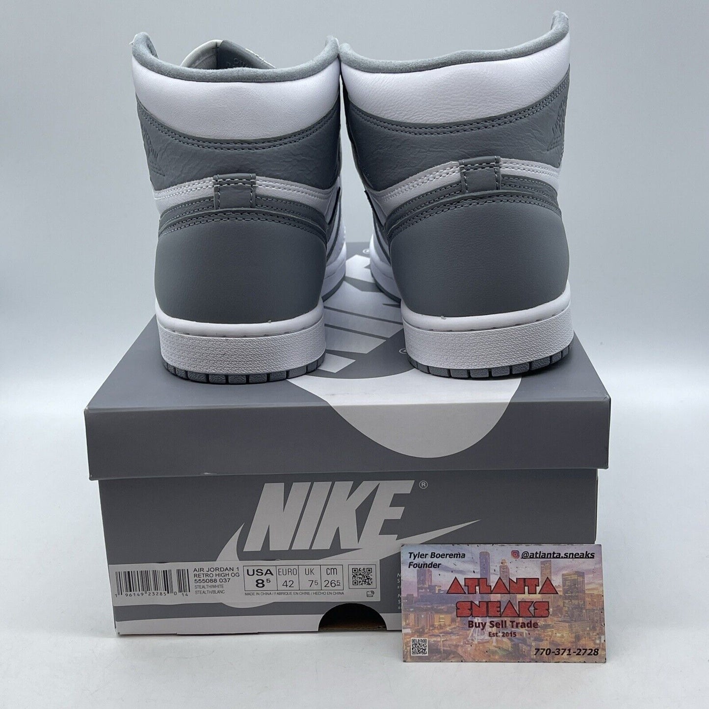 Size 8.5 - Jordan 1 Retro High OG Stealth Grey White Leather (555088-037)