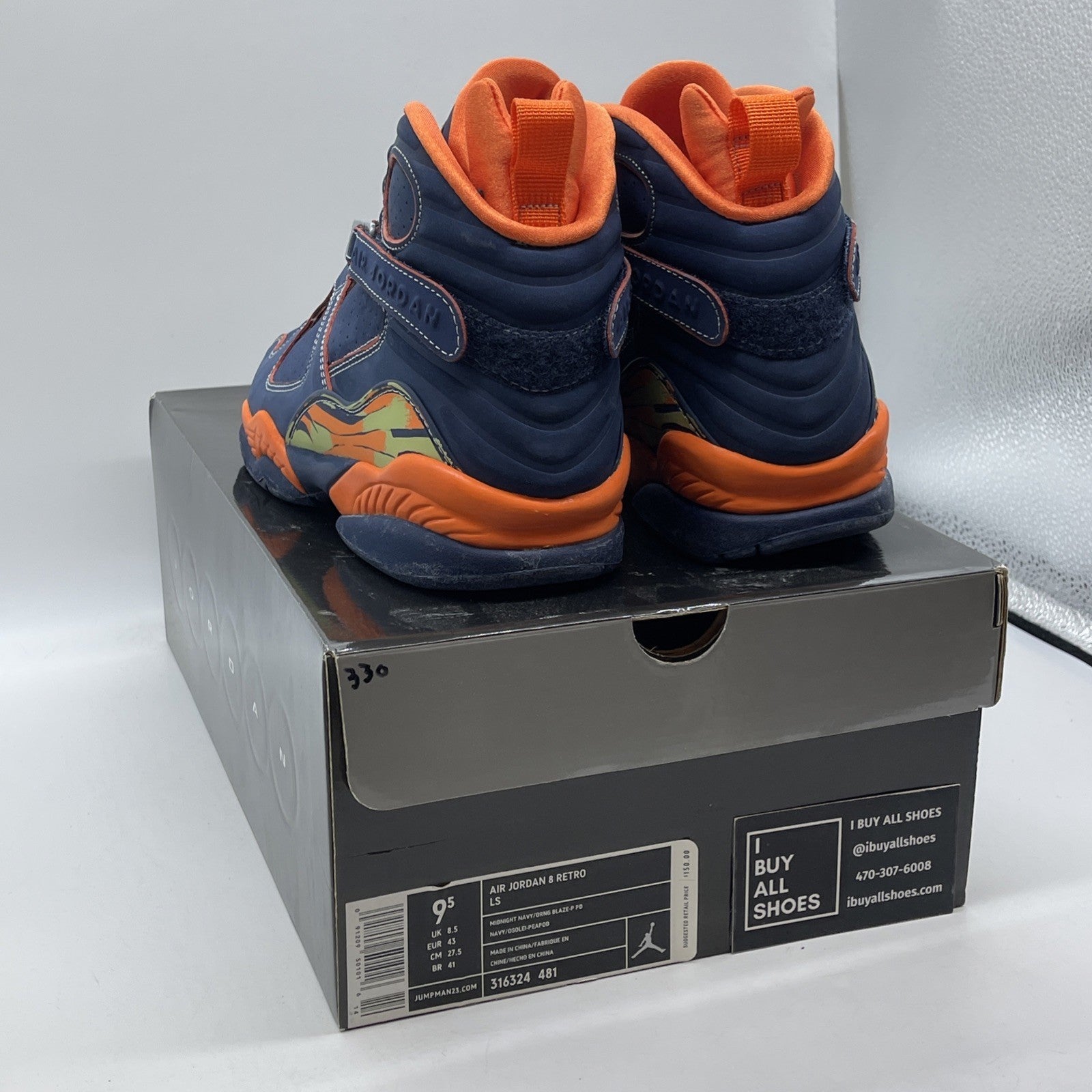 Size 9.5 - Air Jordan 8 Retro LS Pea Pods Blue Orange Suede (316324-481)