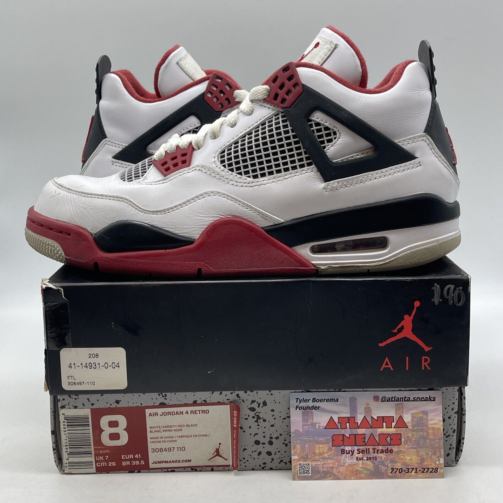 Size 8 - Jordan 4 Retro Fire Red 2012 Black White Leather (308497-110)