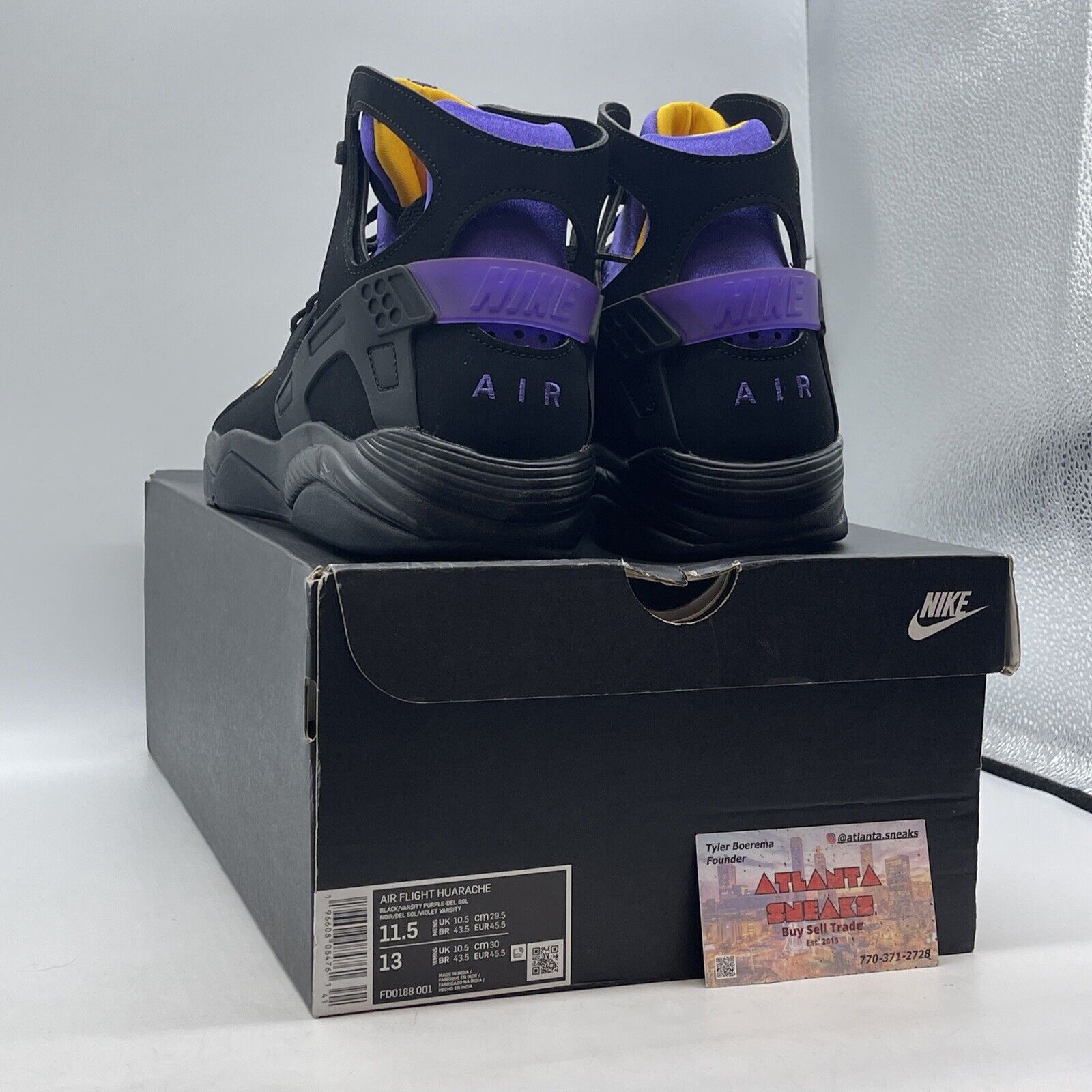 Size 11.5 - Nike Air Flight Huarache Lakers Away Black Suede Purple (FD0188-001)