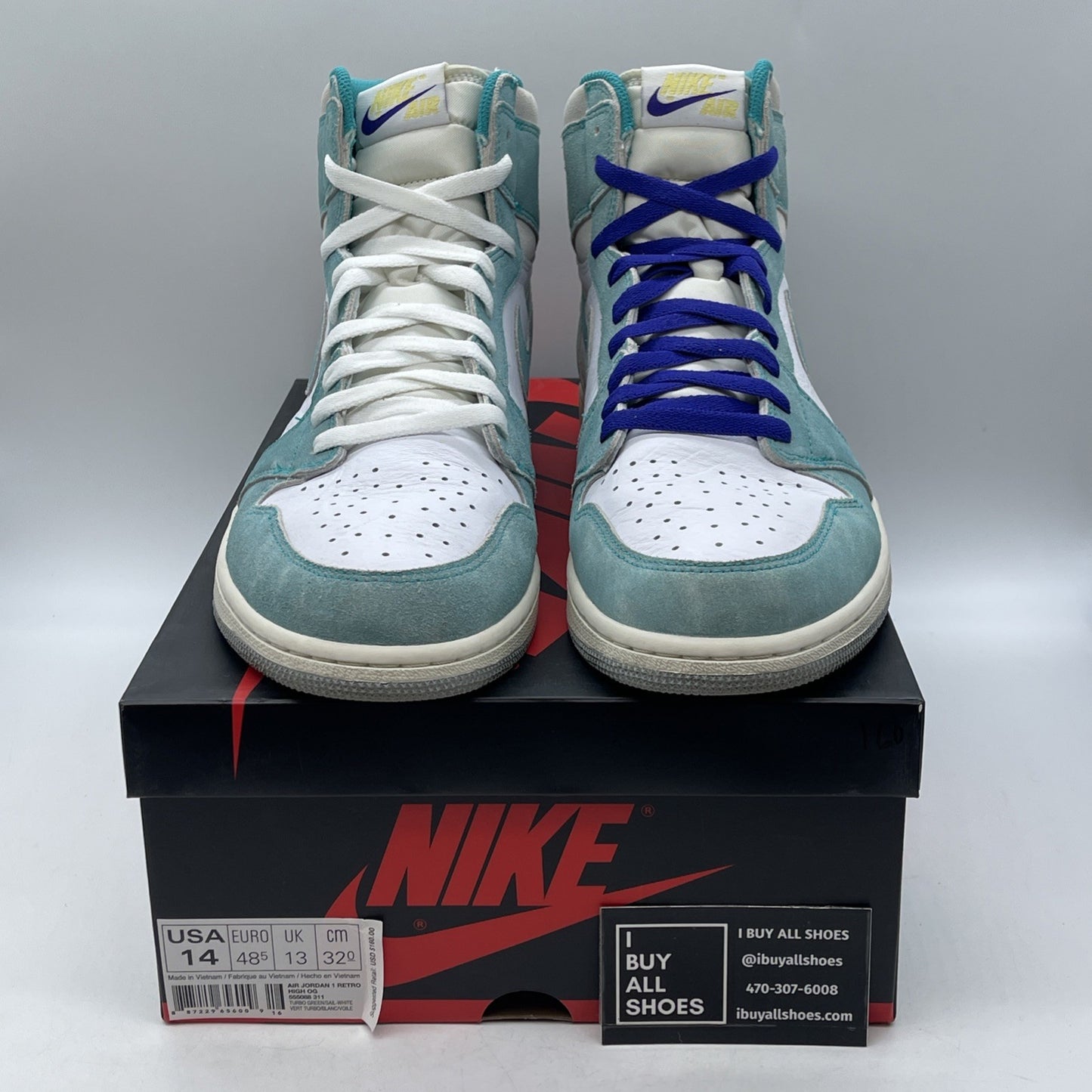 Size 14 - Jordan 1 Retro OG High Turbo Green White Suede Leather (555088-311)