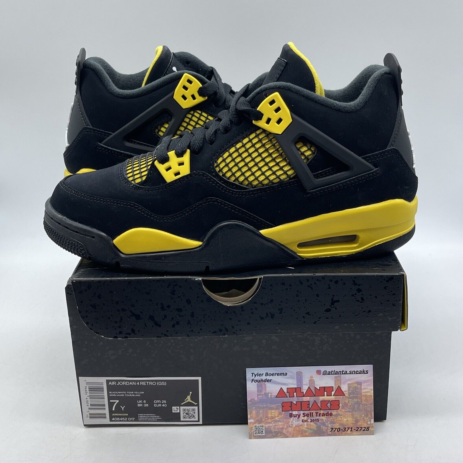 Size 7Y - Jordan 4 Retro Mid Thunder Black White Yellow Suede (408452-017)