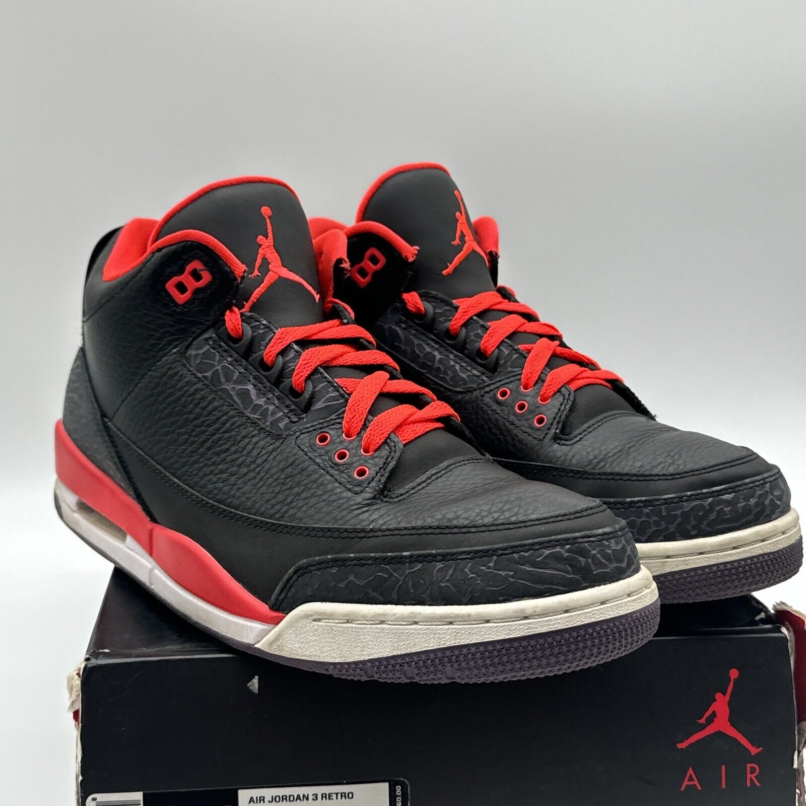 Size 10.5 - Jordan 3 Retro Crimson 2013 Black Red Purple Raptors Leather Tumbled