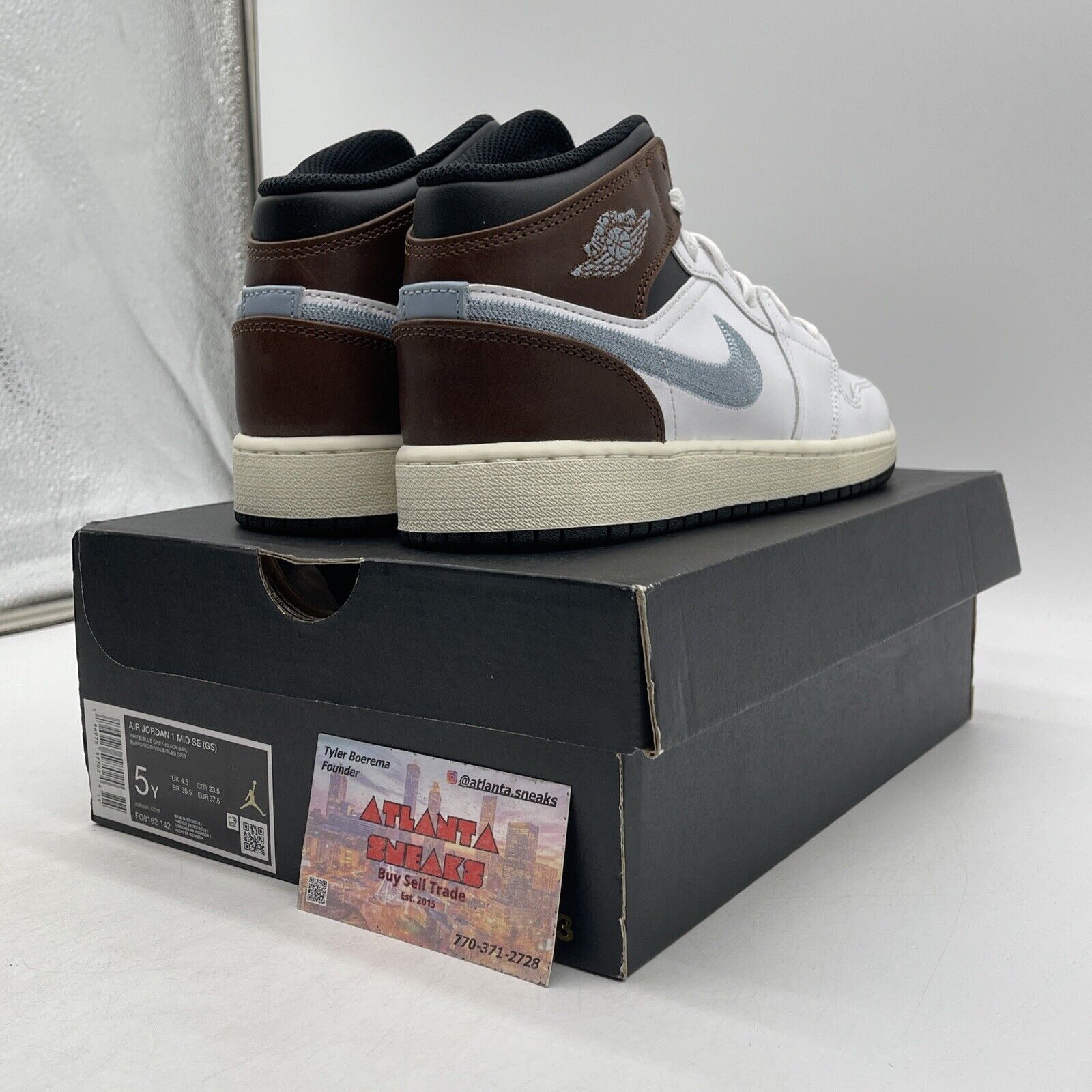 Size 5Y - AIR JORDAN 1 MID SE_WHITE/BLUE GREY BLACK Leather  (FQ8162-142)