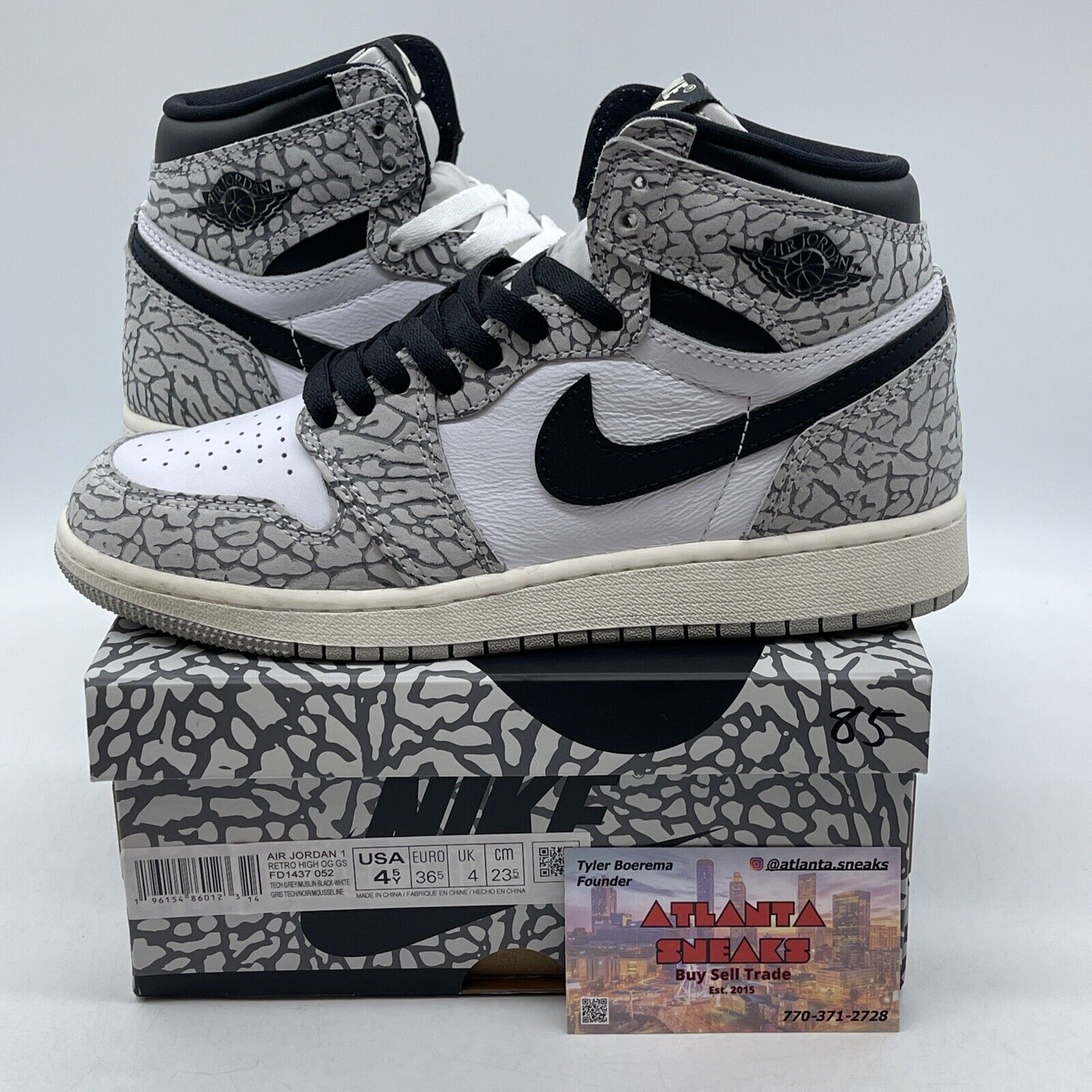 Size 4.5Y - NIKE AIR JORDAN 1 RETRO HIGH OG WHITE CEMENT BLACK (FD1437-052)