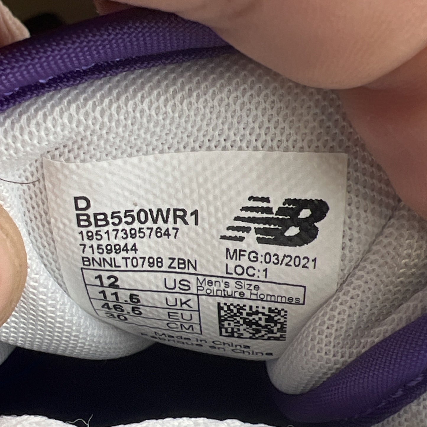 Size 12 - New Balance 550 White Purple (BB550WR1)