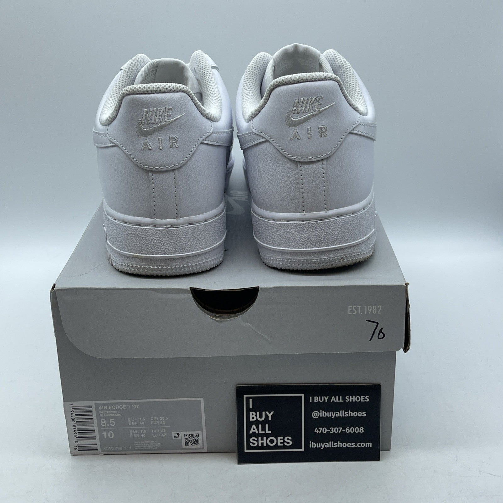 Size 8.5 - Nike Air Force 1 '07 Low Triple White Leather (CW2288-111)