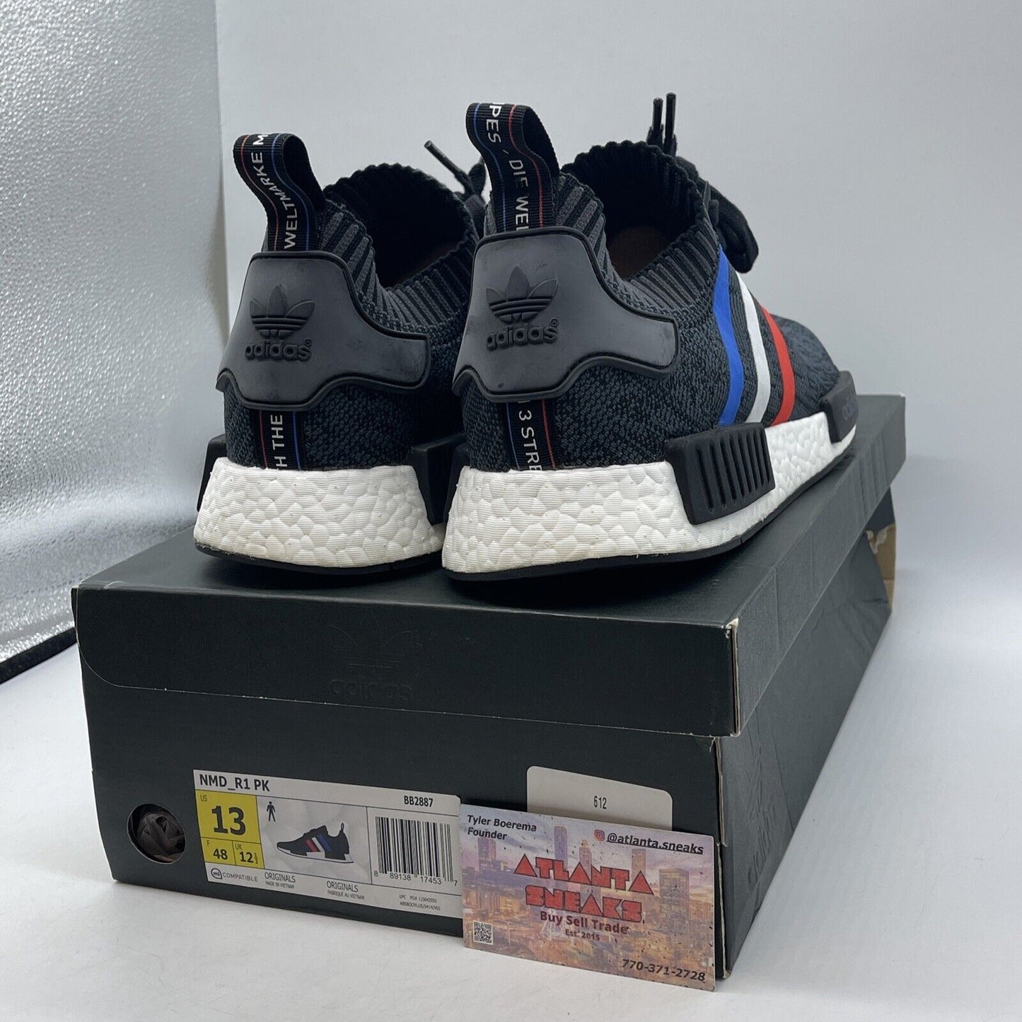 Size 13 - adidas NMD_R1 Primeknit Tri Color Black Blue Suede Leather (BB2887)