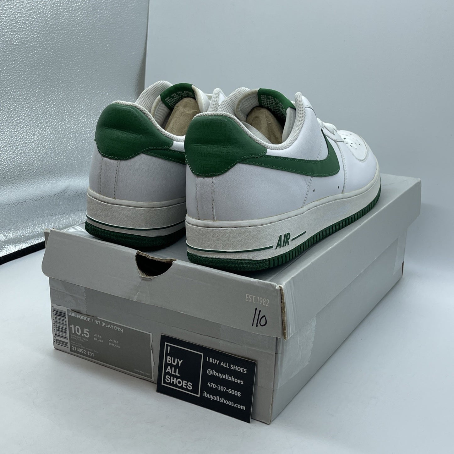 Size 10.5 - Nike Air Force 1'07 Players Green White Leather (315092-131)