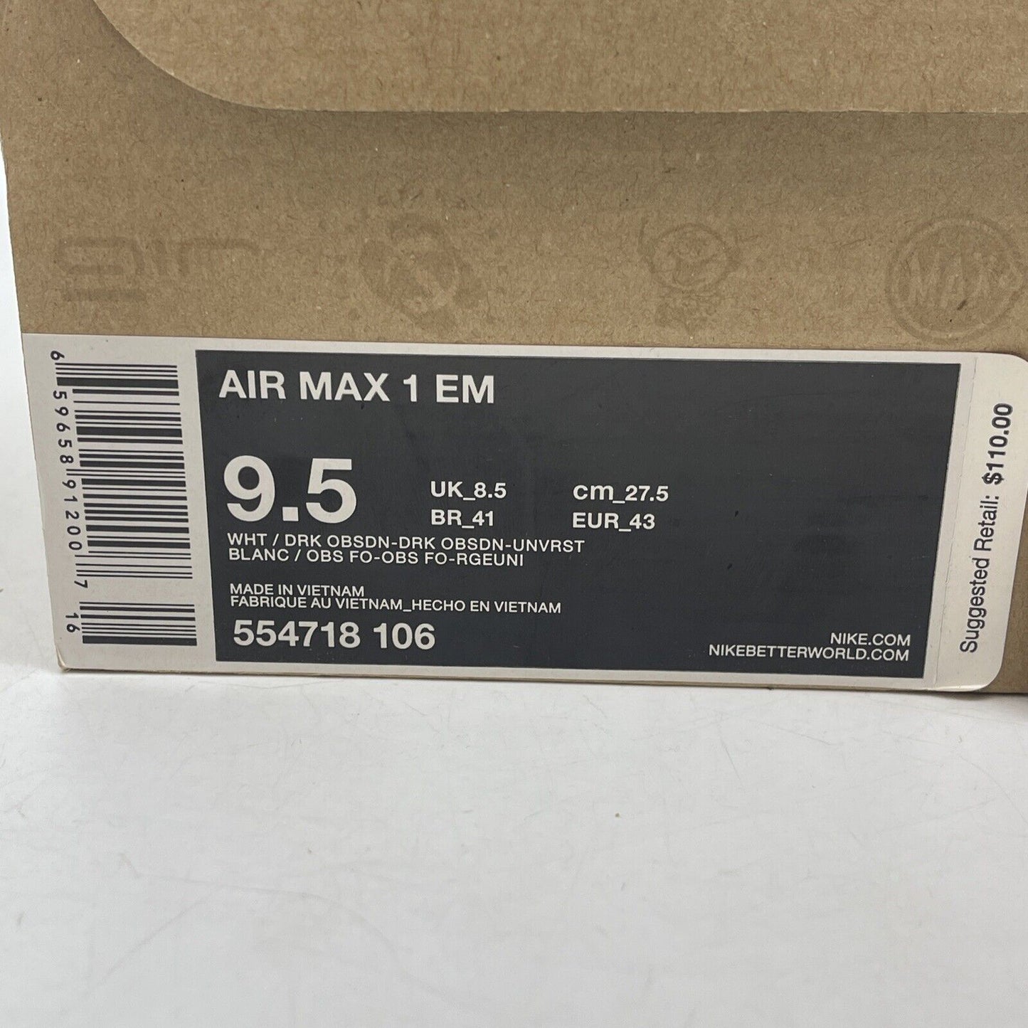 Size 9.5 - Nike Air Max 1 EM 'Dark Obsidian White Blue Grey Suede (554718-106)