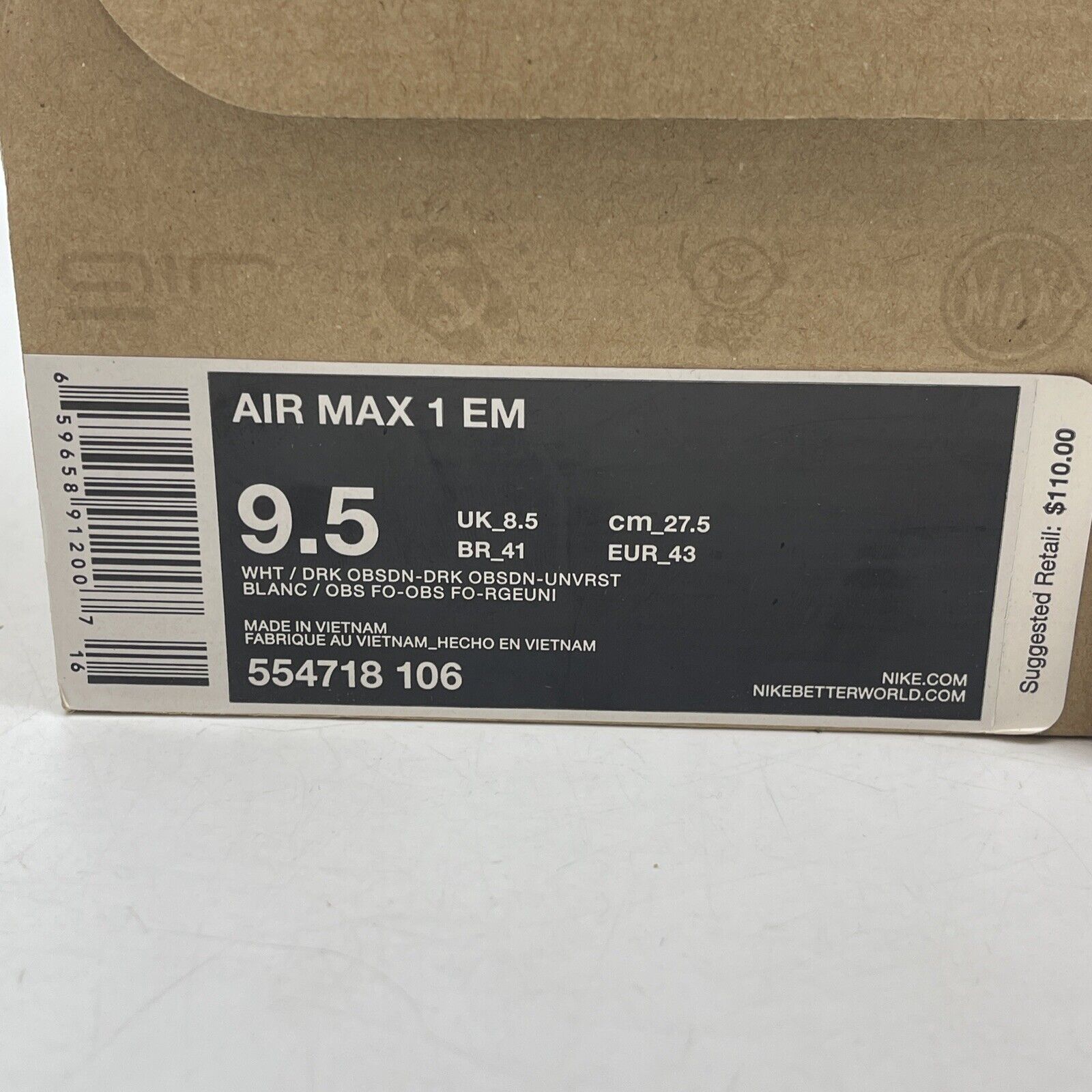 Size 9.5 - Nike Air Max 1 EM 'Dark Obsidian White Blue Grey Suede (554718-106)
