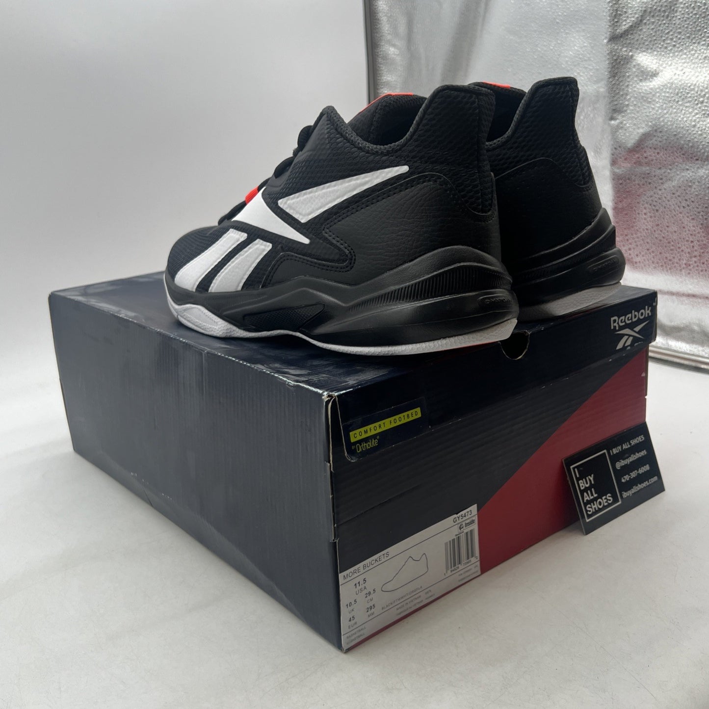 Size 11.5 - Reebok More Buckets Black White Orange Flare (GY5473)